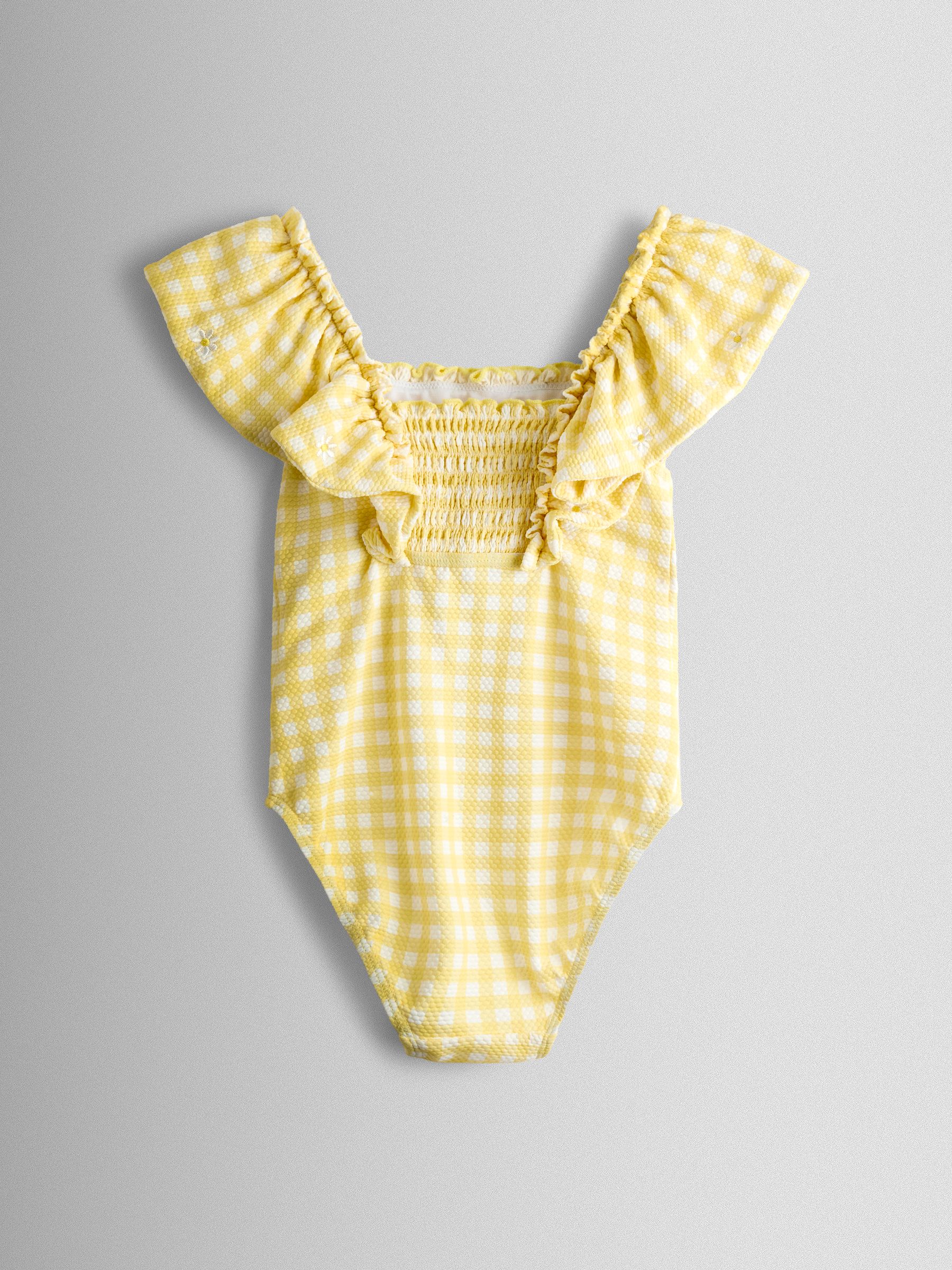 Yellow Daisy Gingham Textured Frill Sleeve Swimsuit - Image 3 of 4