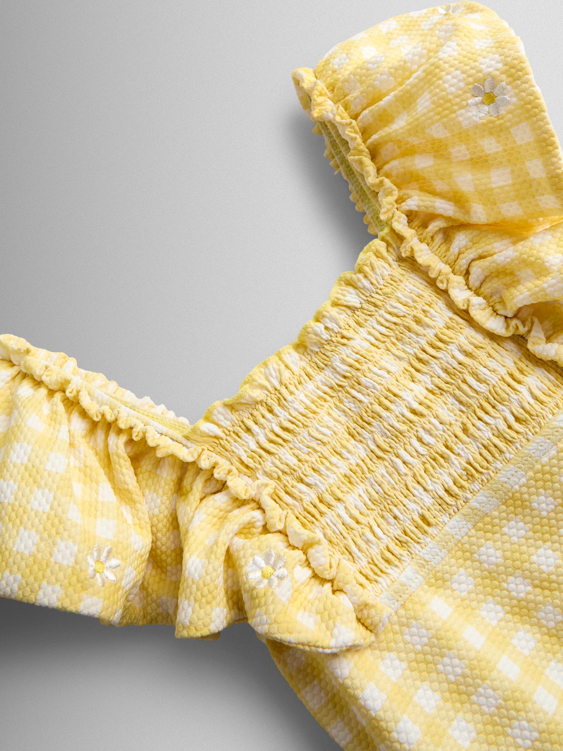 Yellow Daisy Gingham Textured Frill Sleeve Swimsuit - Image 4 of 4
