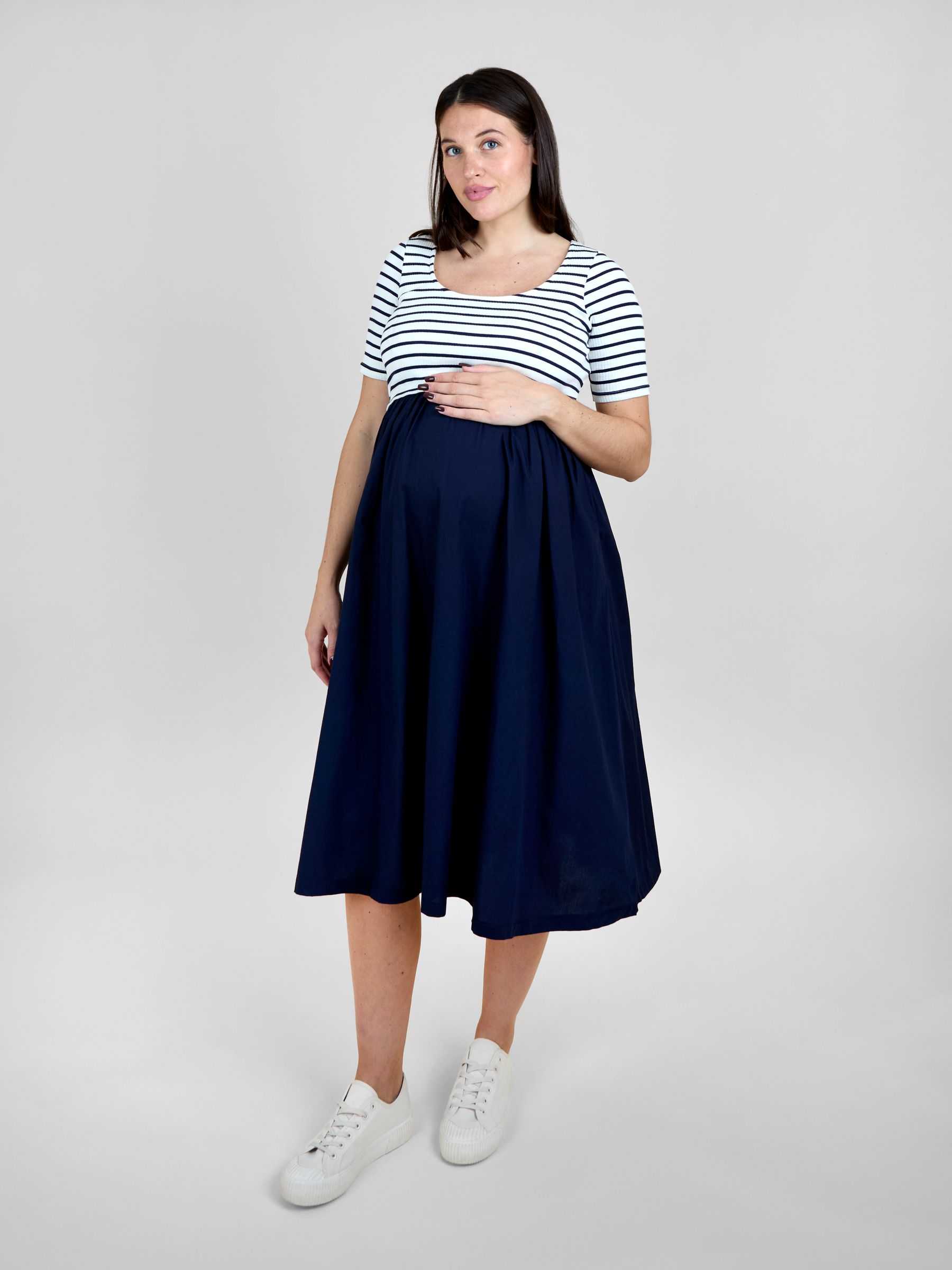 Navy Blue Rib Poplin Mixed Maternity and Nursing Midi Dress - Image 1 of 6 Navy Blue Rib Poplin Mixed Maternity and Nursing Midi Dress - Image 1 of 6