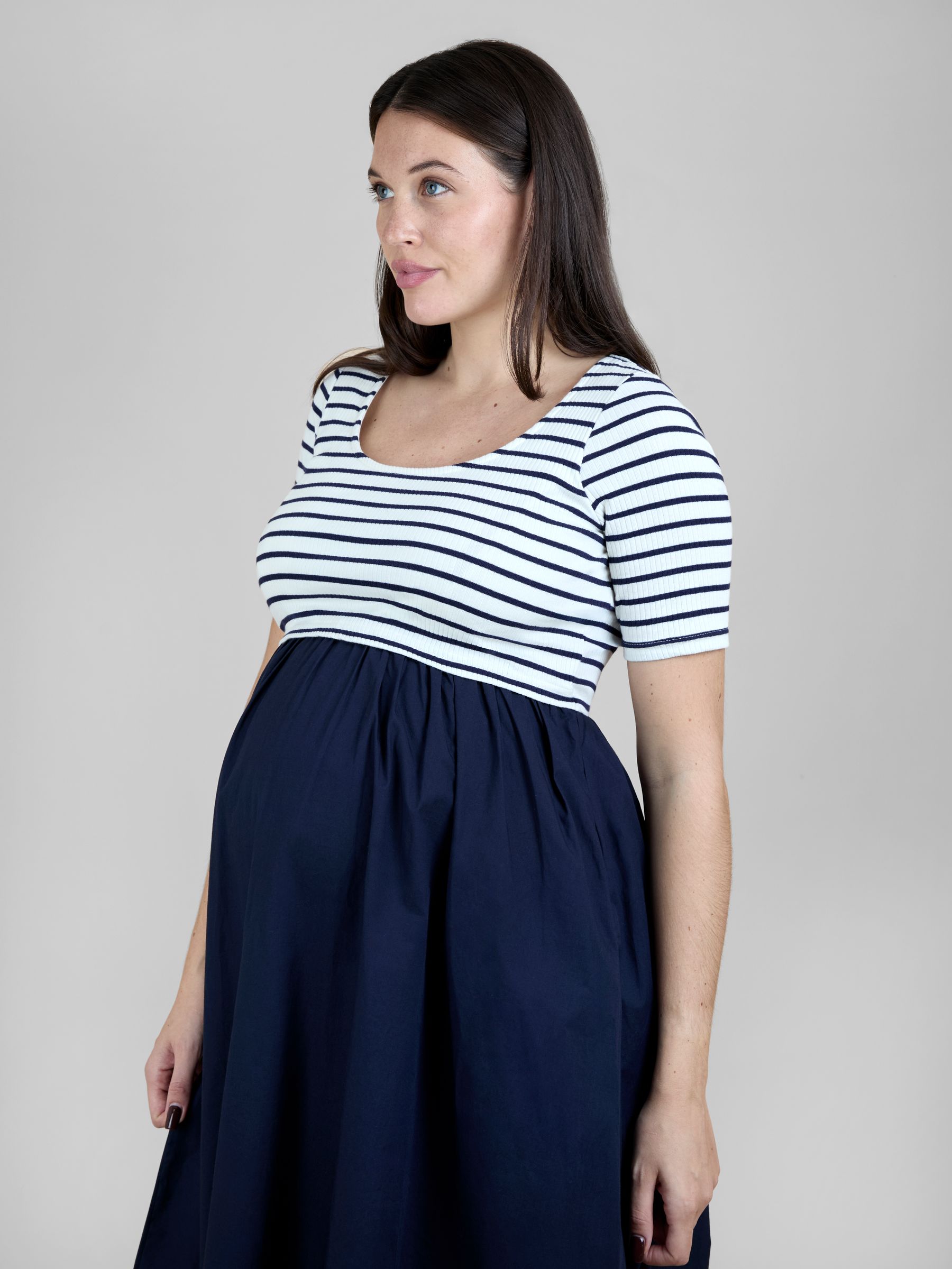 Navy Blue Rib Poplin Mixed Maternity and Nursing Midi Dress - Image 4 of 6