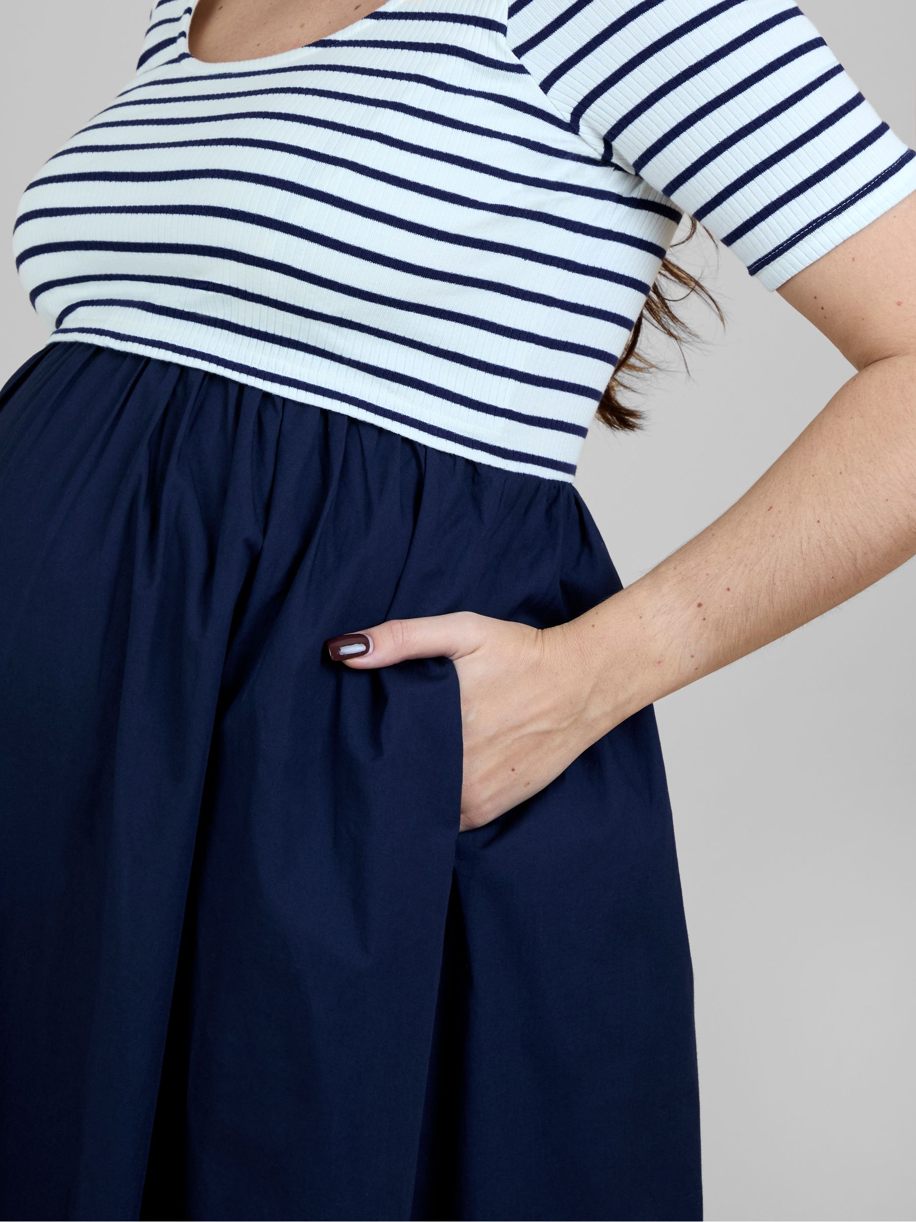 Navy Blue Rib Poplin Mixed Maternity and Nursing Midi Dress - Image 5 of 6