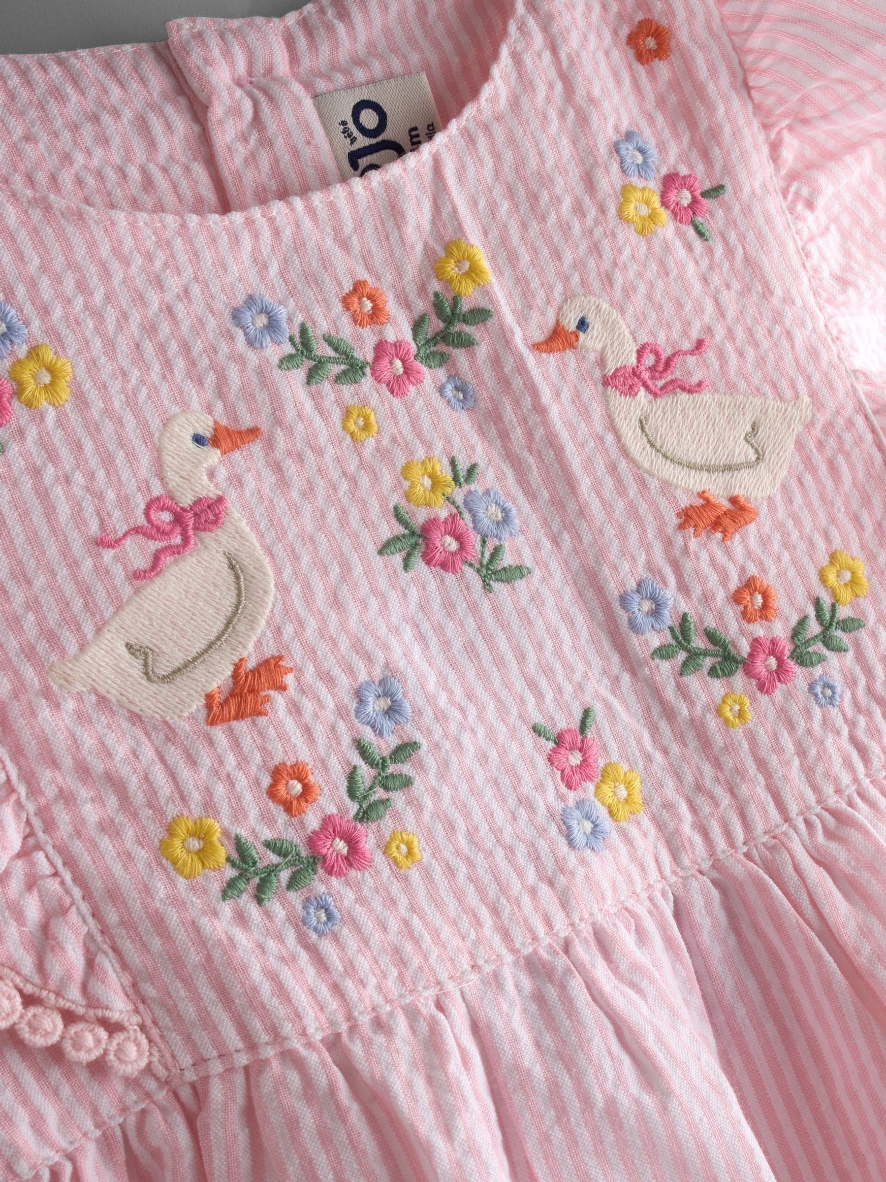 Pink Seersucker Duck Frill Shoulder Embroidered Dress - Image 6 of 6