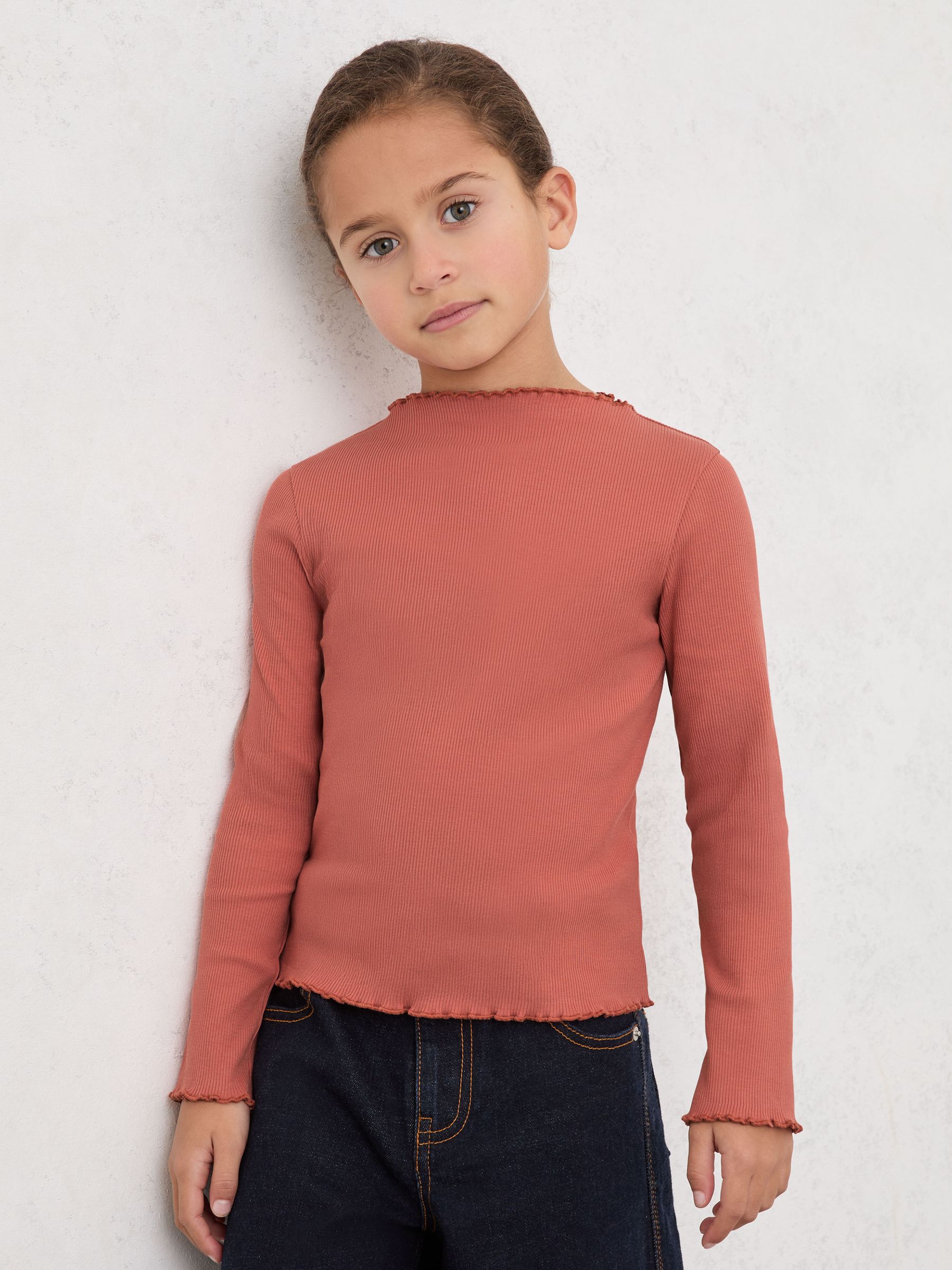 13-14 yrs Stretch-Cotton Lettuce-Trim Ribbed Top in Rose - Image 2 of 4