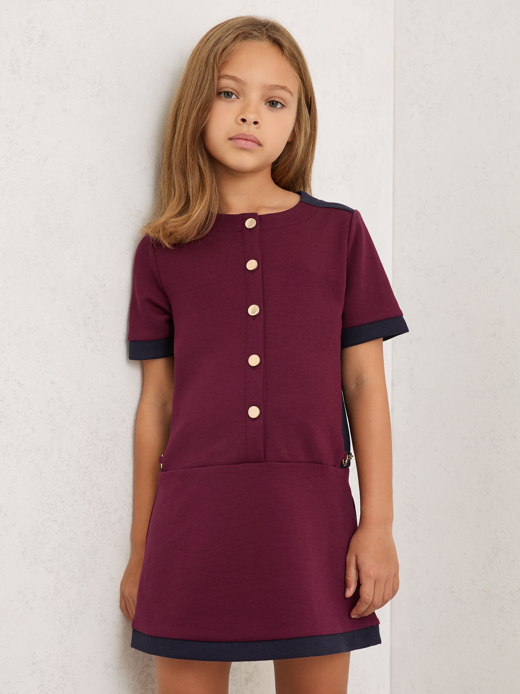 9-13 yrs Premium Interlock Colour-Block Button Dress in Burgundy - Image 1 of 4