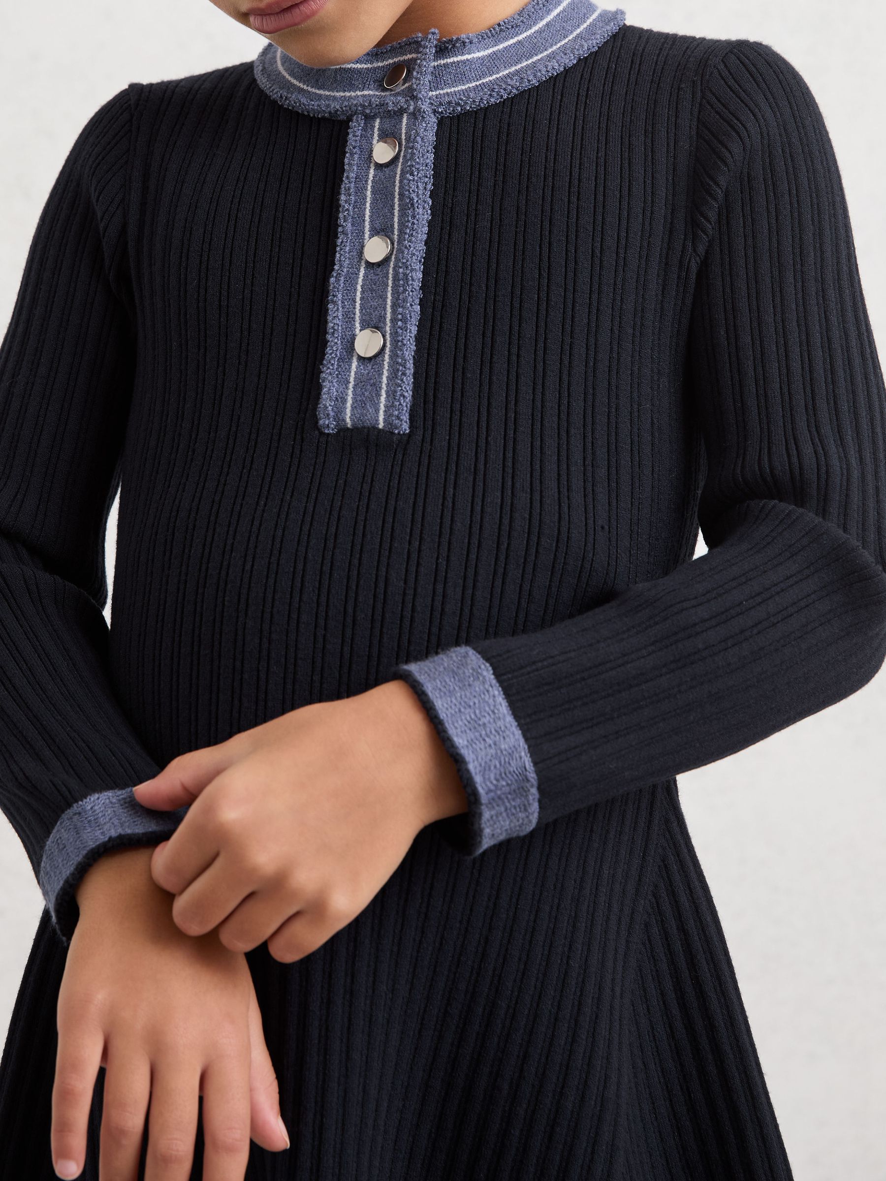 3-9 yrs Contrast-Trim Rib-Knit Skater Dress in Navy - Image 4 of 5