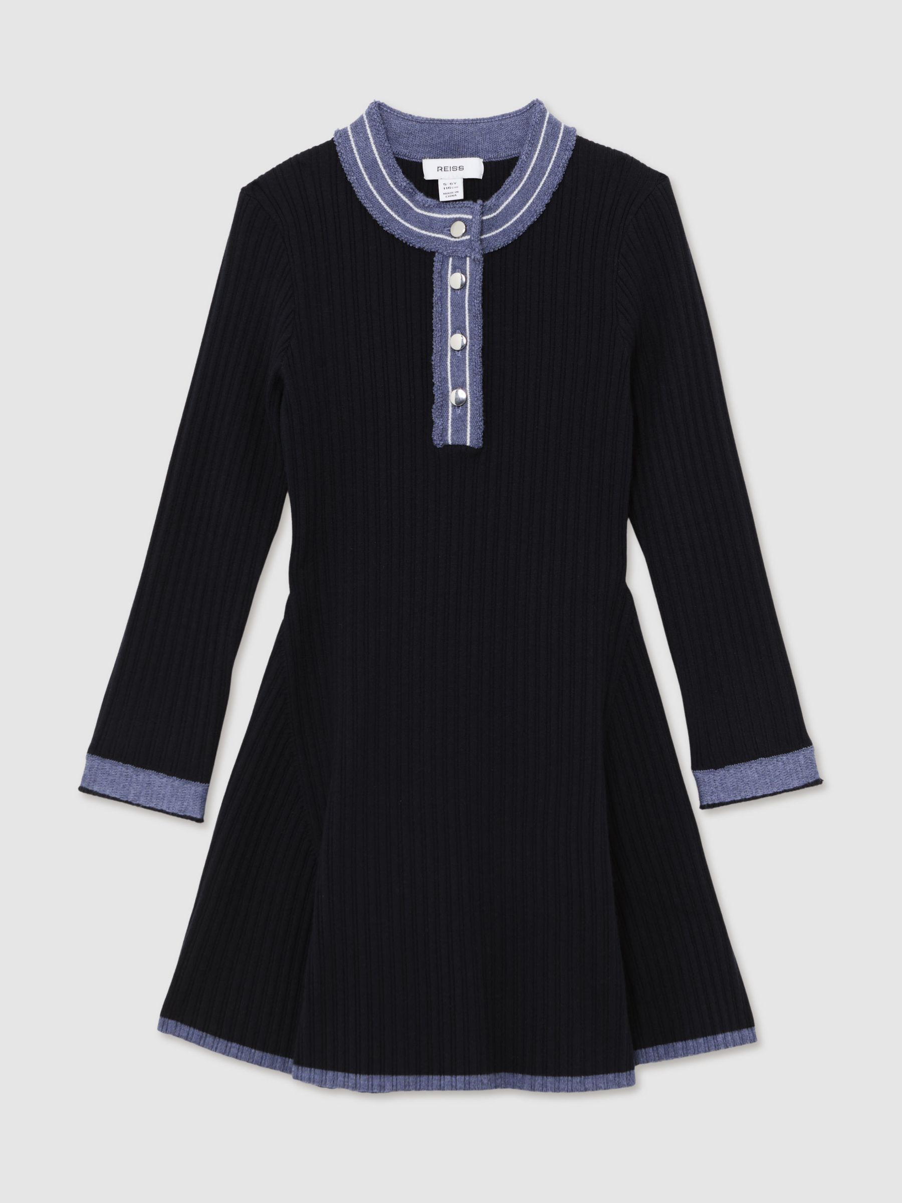 9-13 yrs Contrast-Trim Rib-Knit Skater Dress in Navy - Image 2 of 5