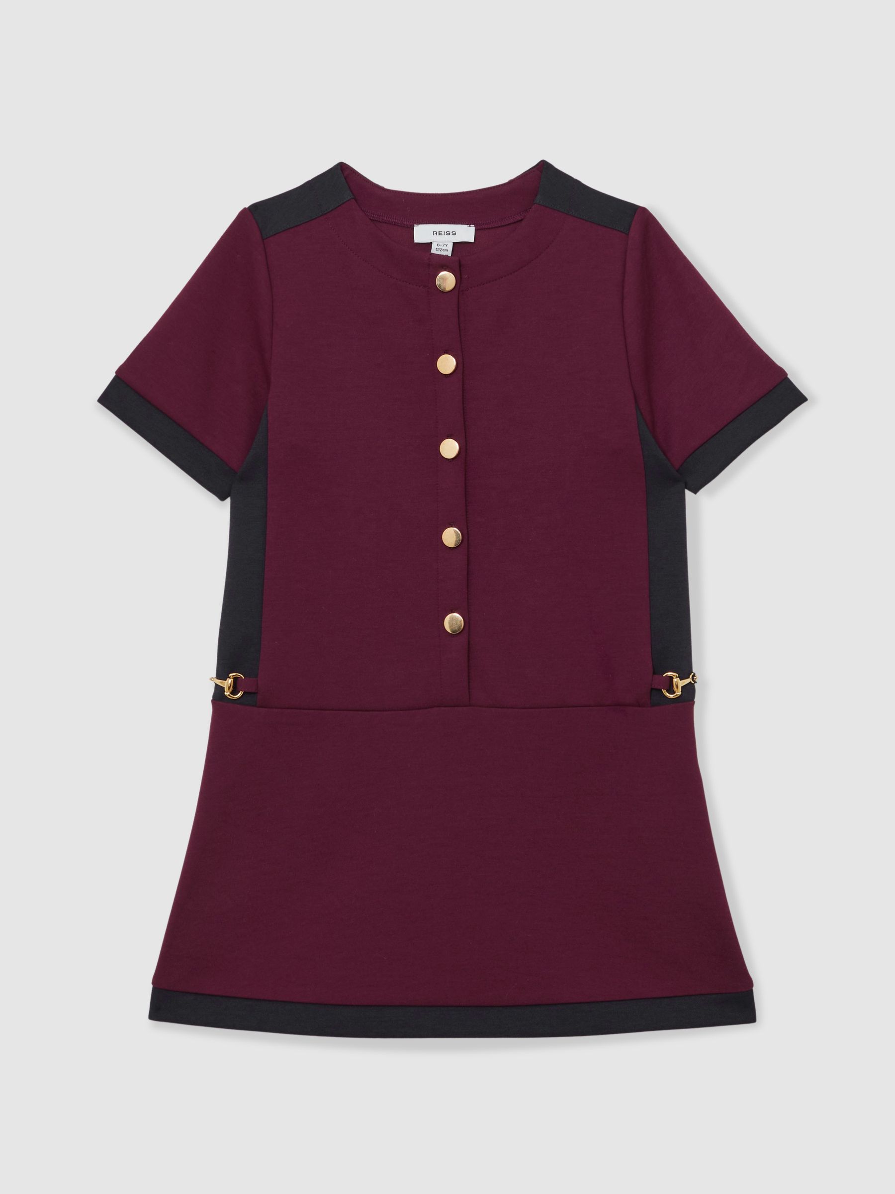 13-14 yrs Premium Interlock Colour-Block Button Dress in Burgundy - Image 1 of 4