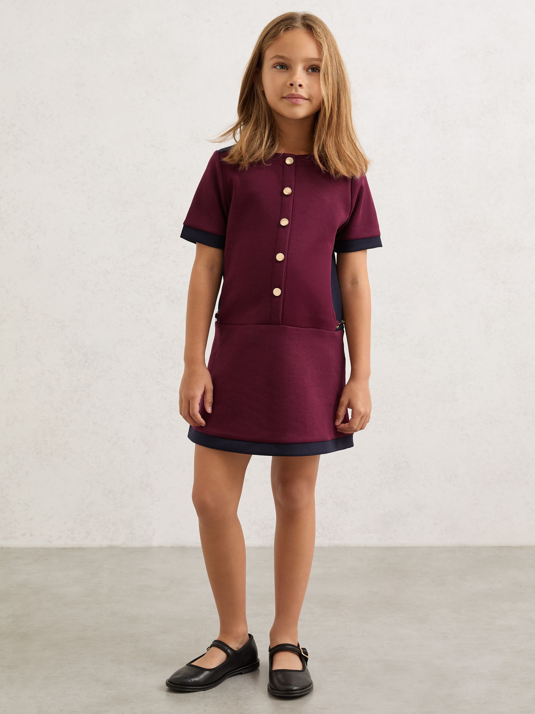 13-14 yrs Premium Interlock Colour-Block Button Dress in Burgundy - Image 2 of 4