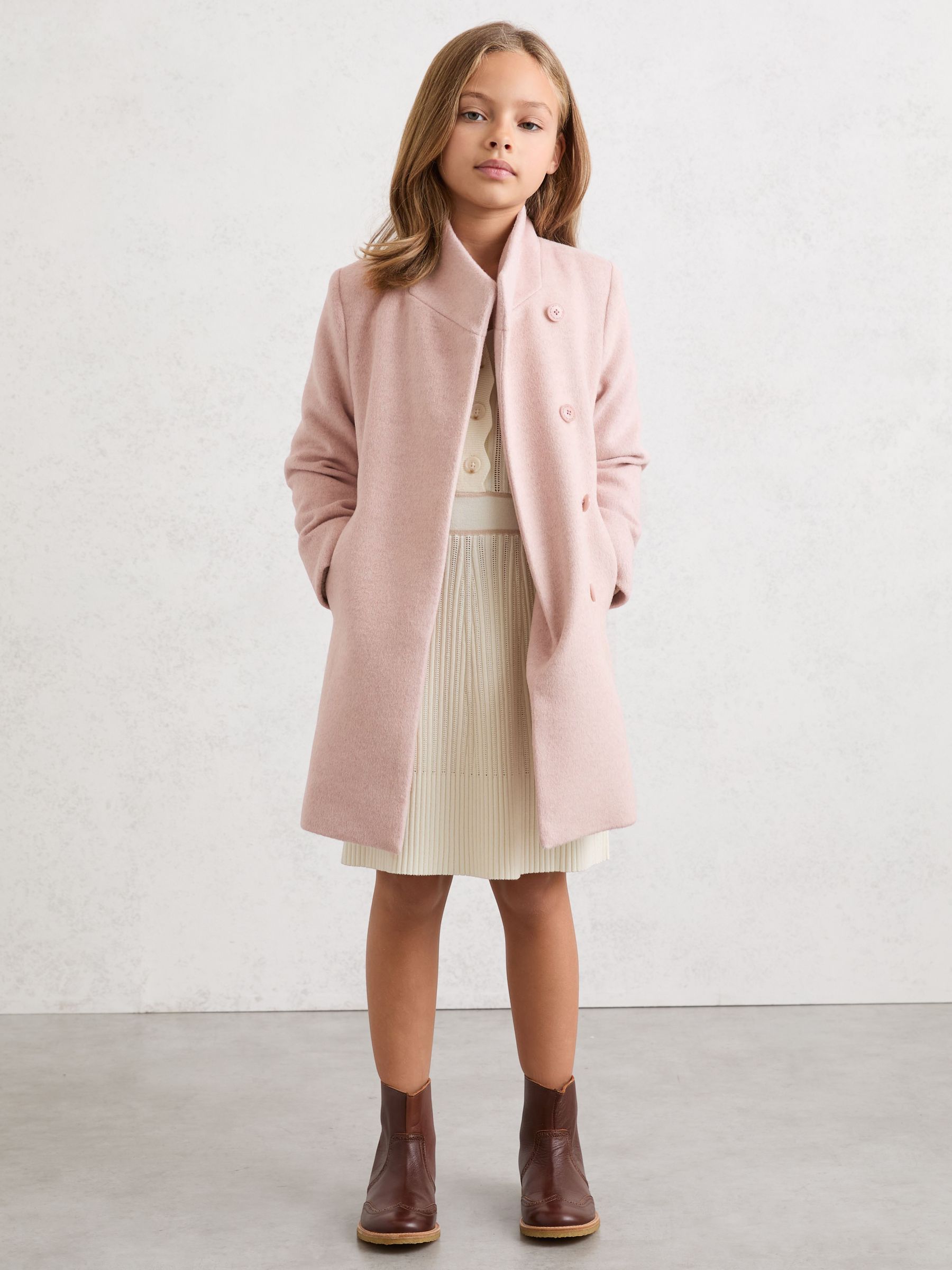 Reiss 9-13 yrs Wool-Blend Funnel-Neck Coat in Pink | REISS