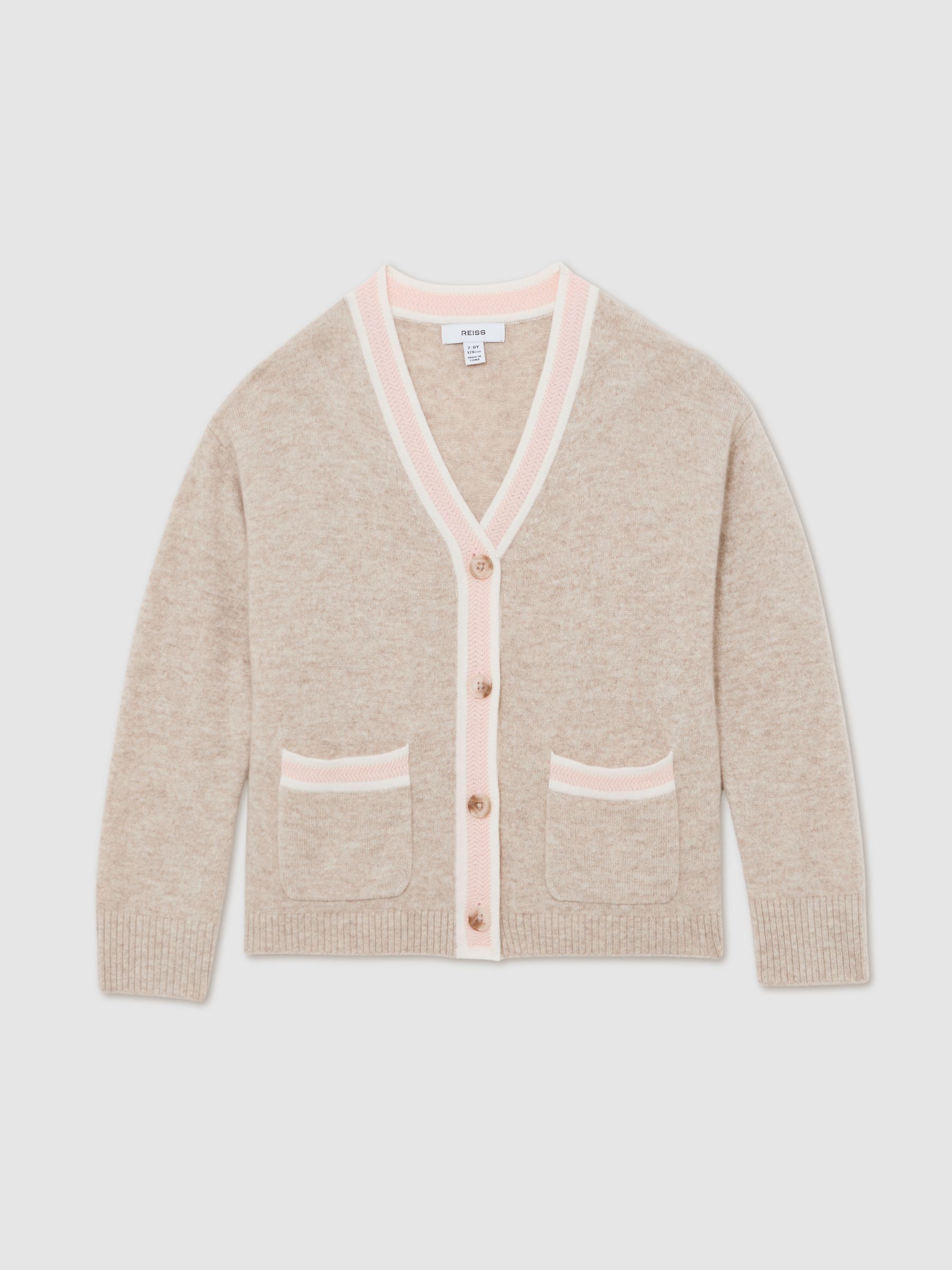 9-13 yrs Wool-Blend Tipped Cardigan with Cashmere in Neutral - Image 2 of 5