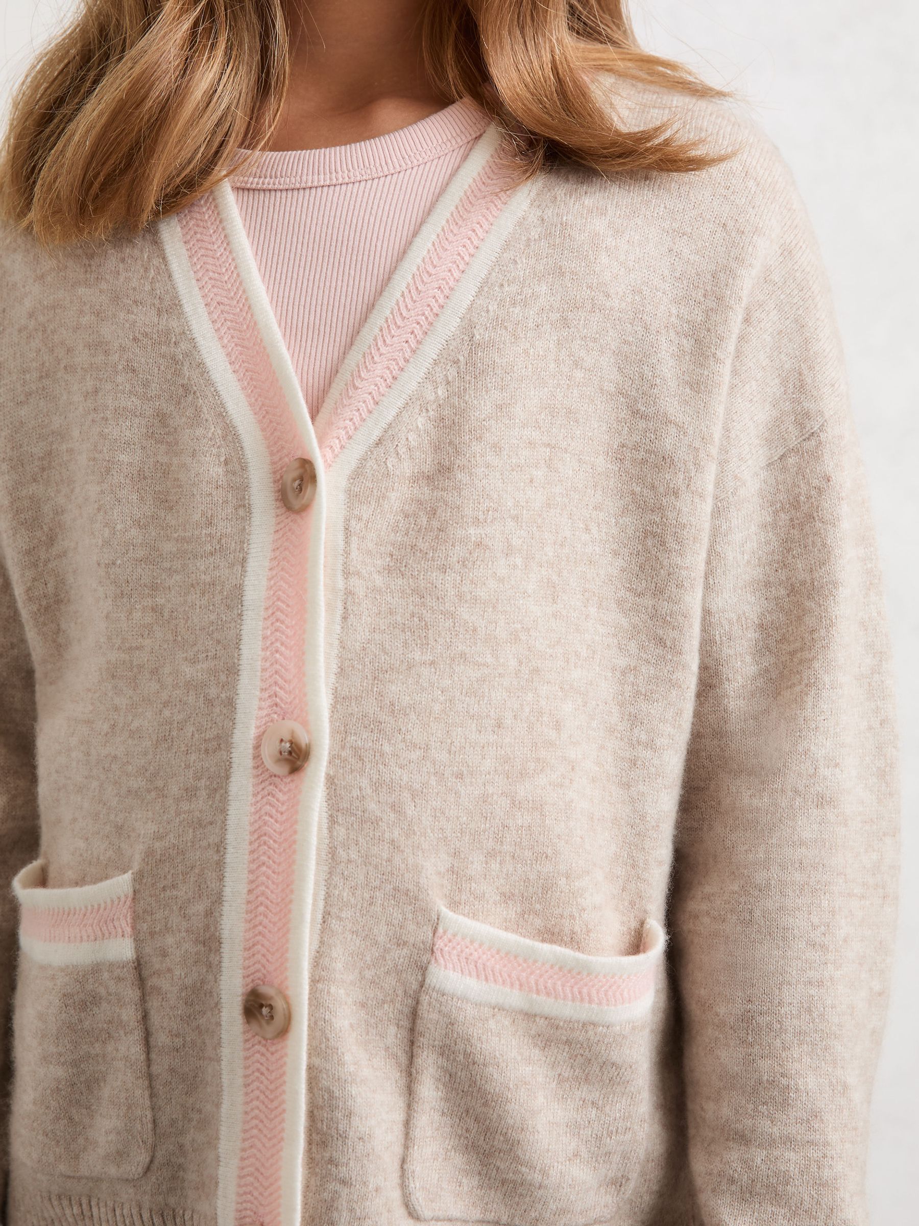 9-13 yrs Wool-Blend Tipped Cardigan with Cashmere in Neutral - Image 4 of 5