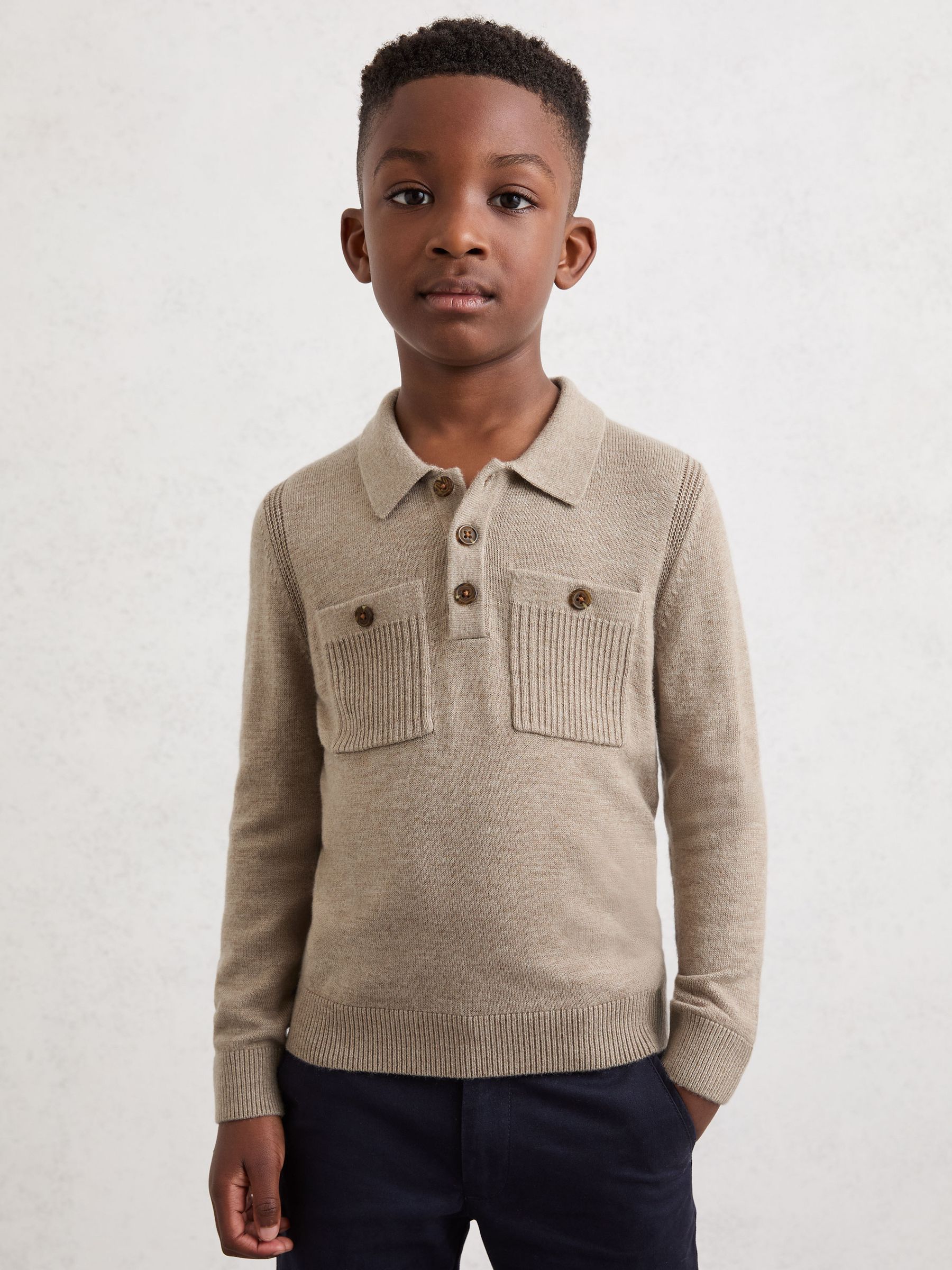 9-13 yrs Half-Button Twin-Pocket Polo Jumper with Merino Wool in Oatmeal Melange - Image 3 of 5