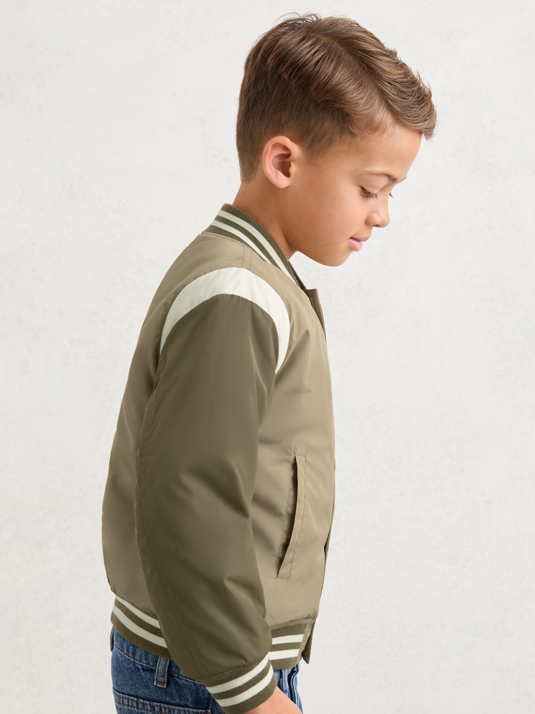 Colour-Block Bomber Jacket in Green - Image 1 of 5 Colour-Block Bomber Jacket in Green - Image 1 of 5