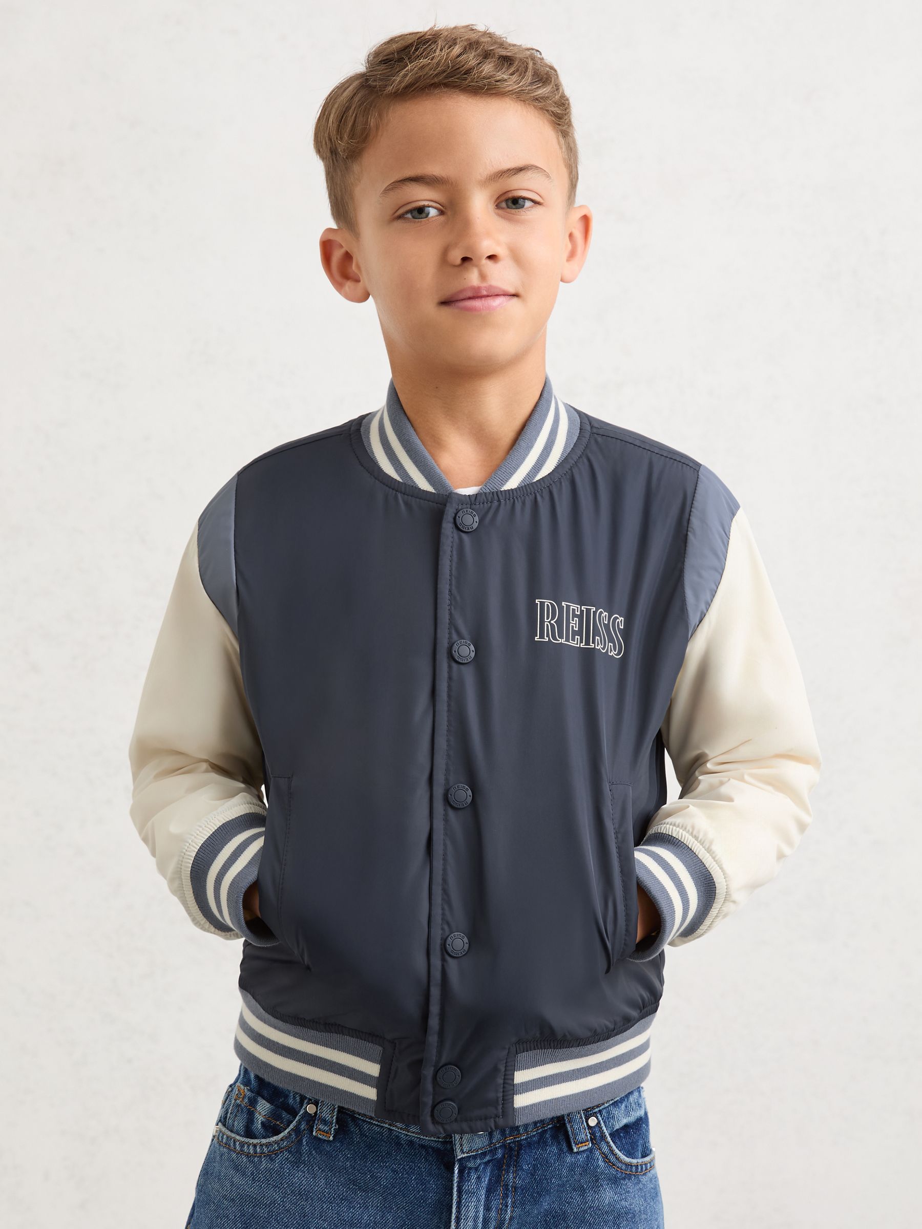 Colour-Block Bomber Jacket in Navy - Image 3 of 4