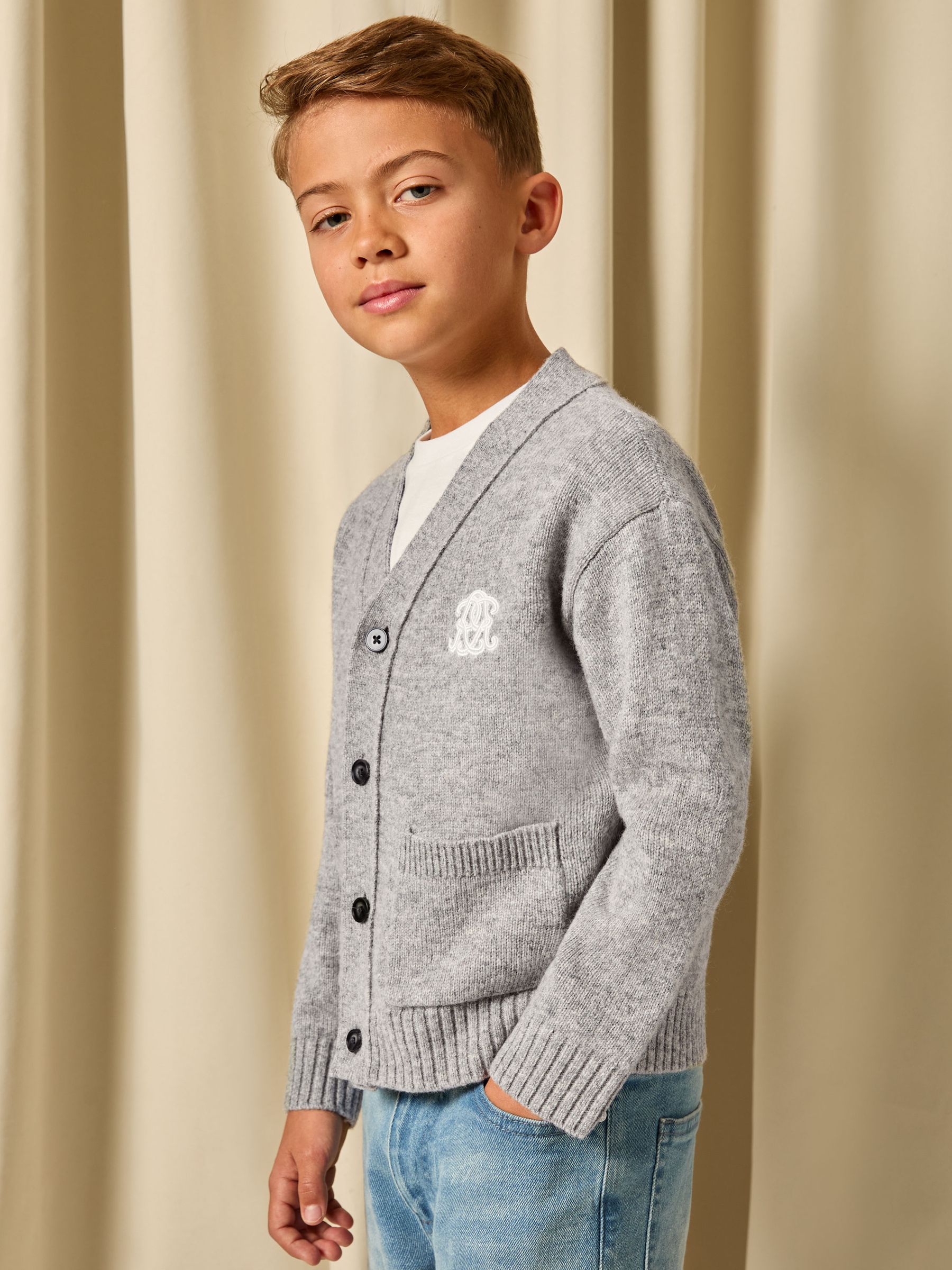 3-9 yrs Monogram Relaxed Wool-Blend Cardigan in Soft Grey Melange - Image 1 of 5