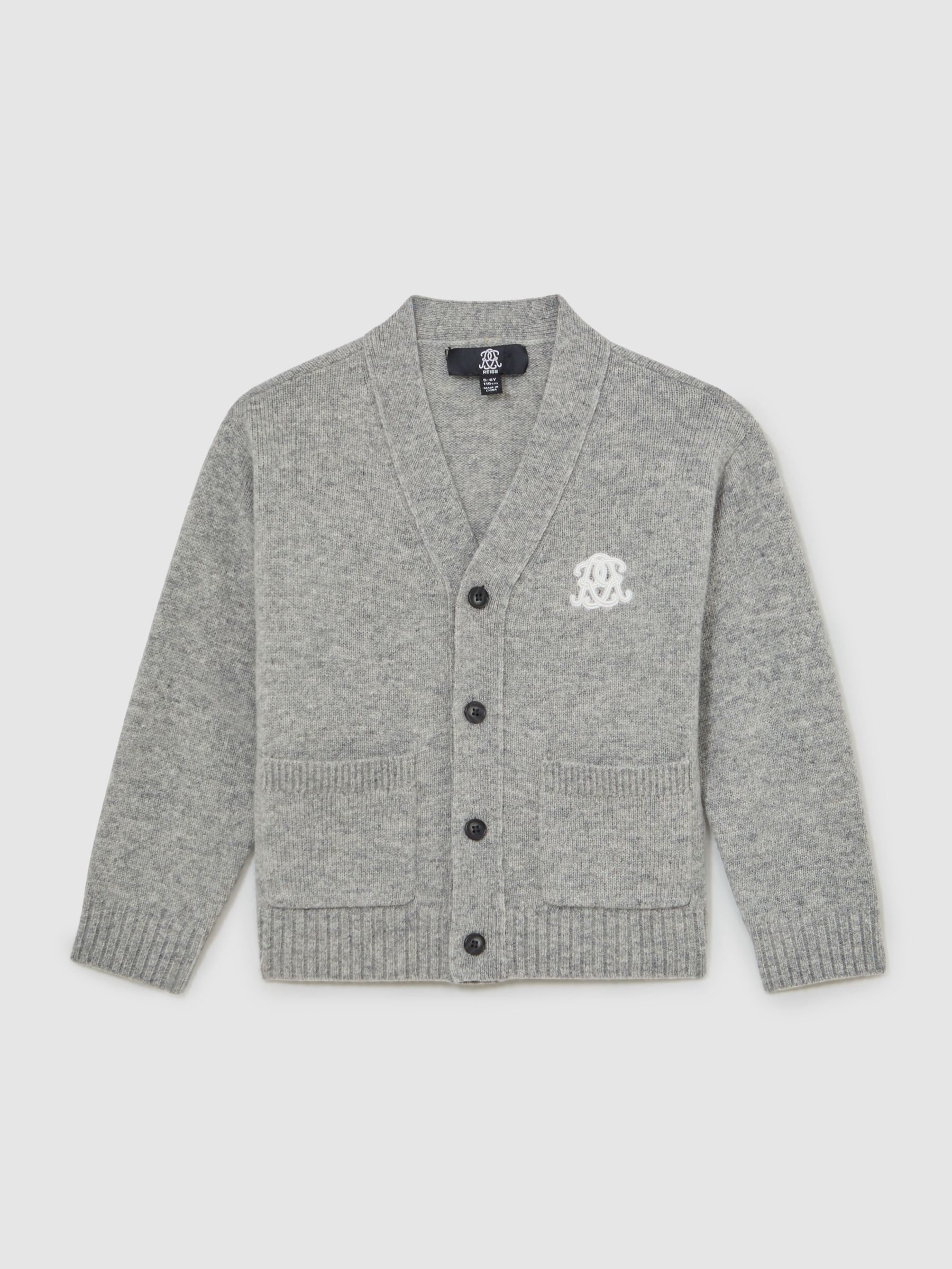3-9 yrs Monogram Relaxed Wool-Blend Cardigan in Soft Grey Melange - Image 2 of 5 3-9 yrs Monogram Relaxed Wool-Blend Cardigan in Soft Grey Melange - Image 2 of 5