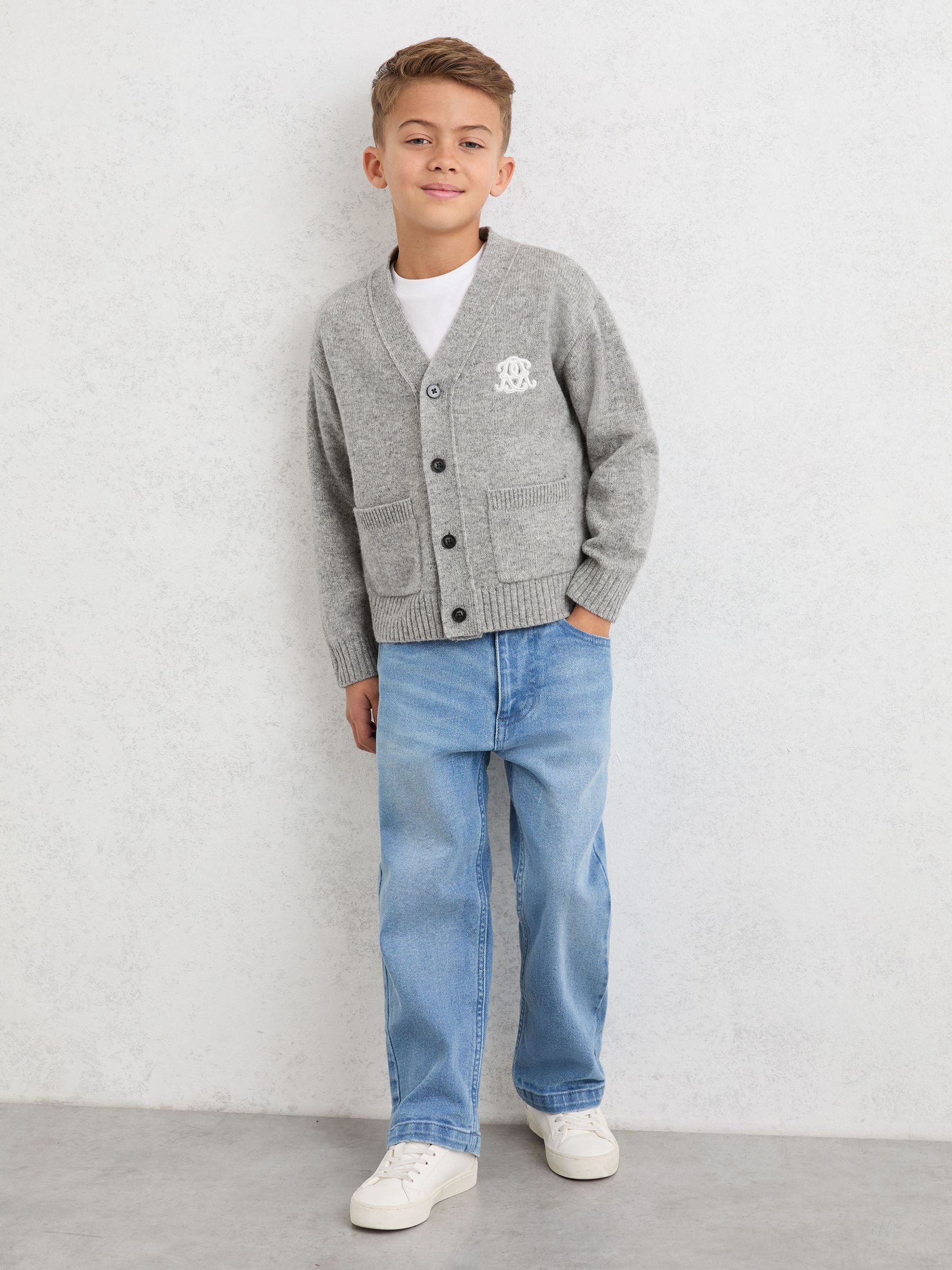 3-9 yrs Monogram Relaxed Wool-Blend Cardigan in Soft Grey Melange - Image 3 of 5