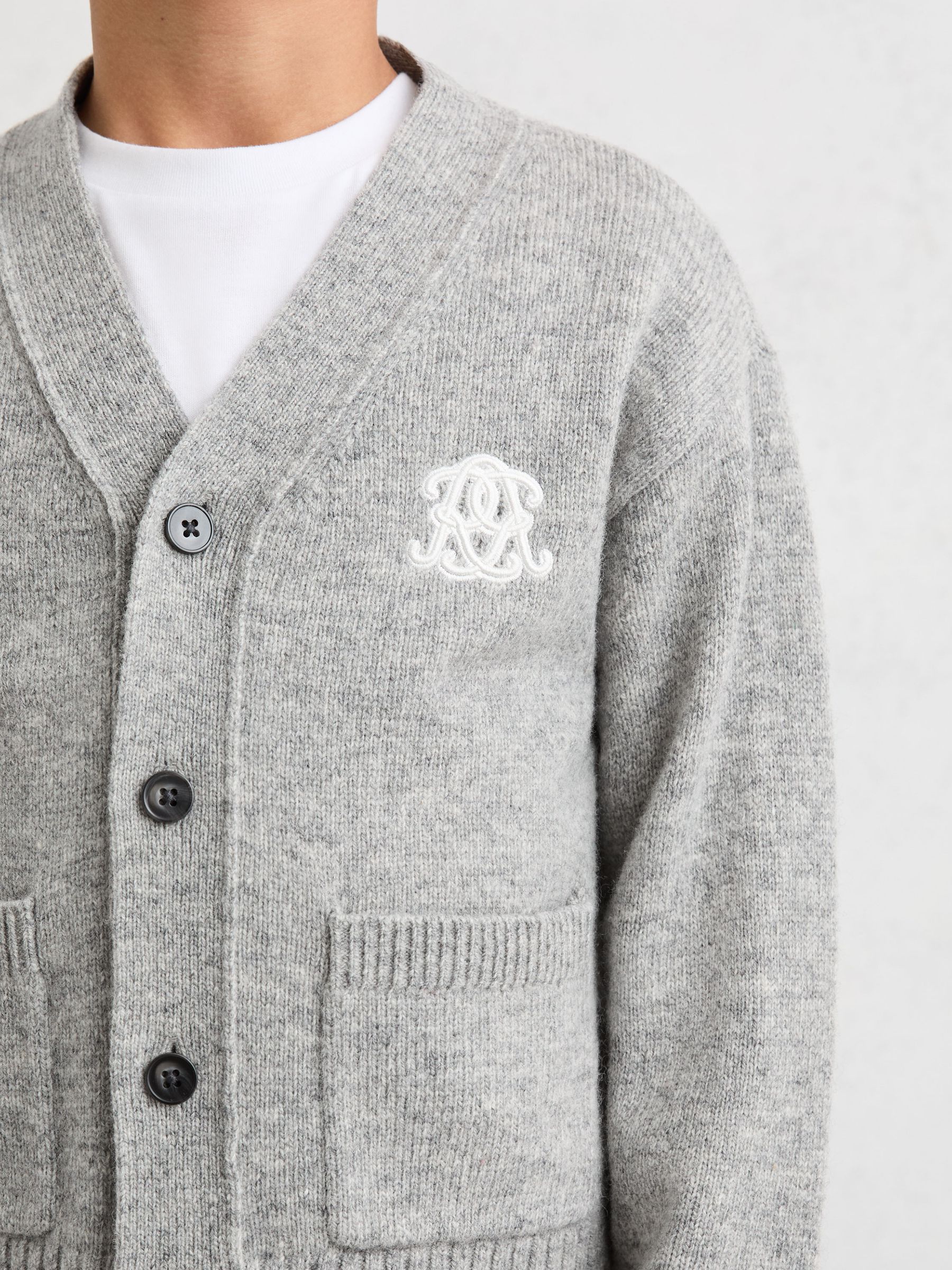 3-9 yrs Monogram Relaxed Wool-Blend Cardigan in Soft Grey Melange - Image 4 of 5