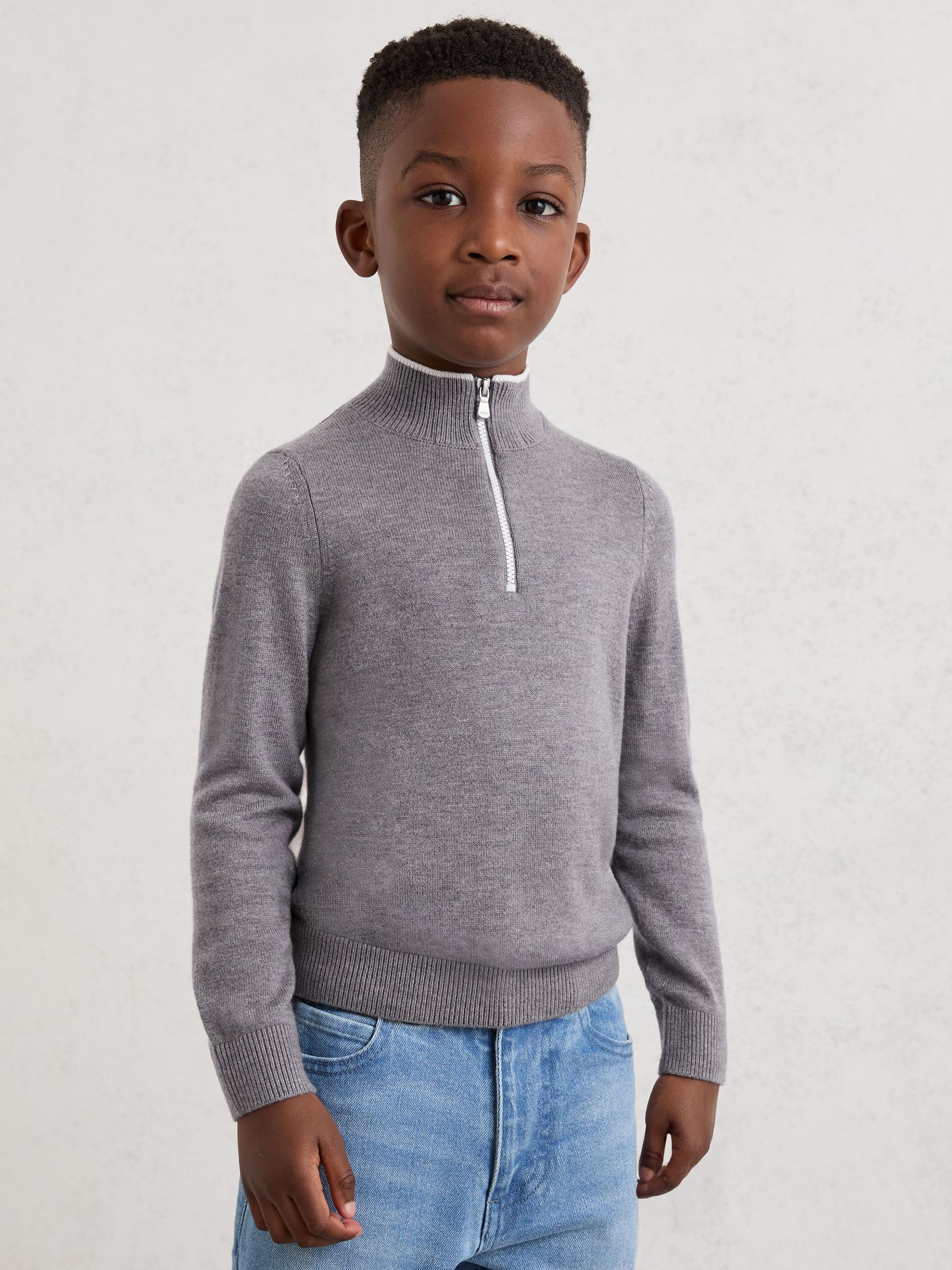 9-13 yrs Half-Zip Funnel-Neck Jumper with Wool in Grey/White - Image 1 of 4