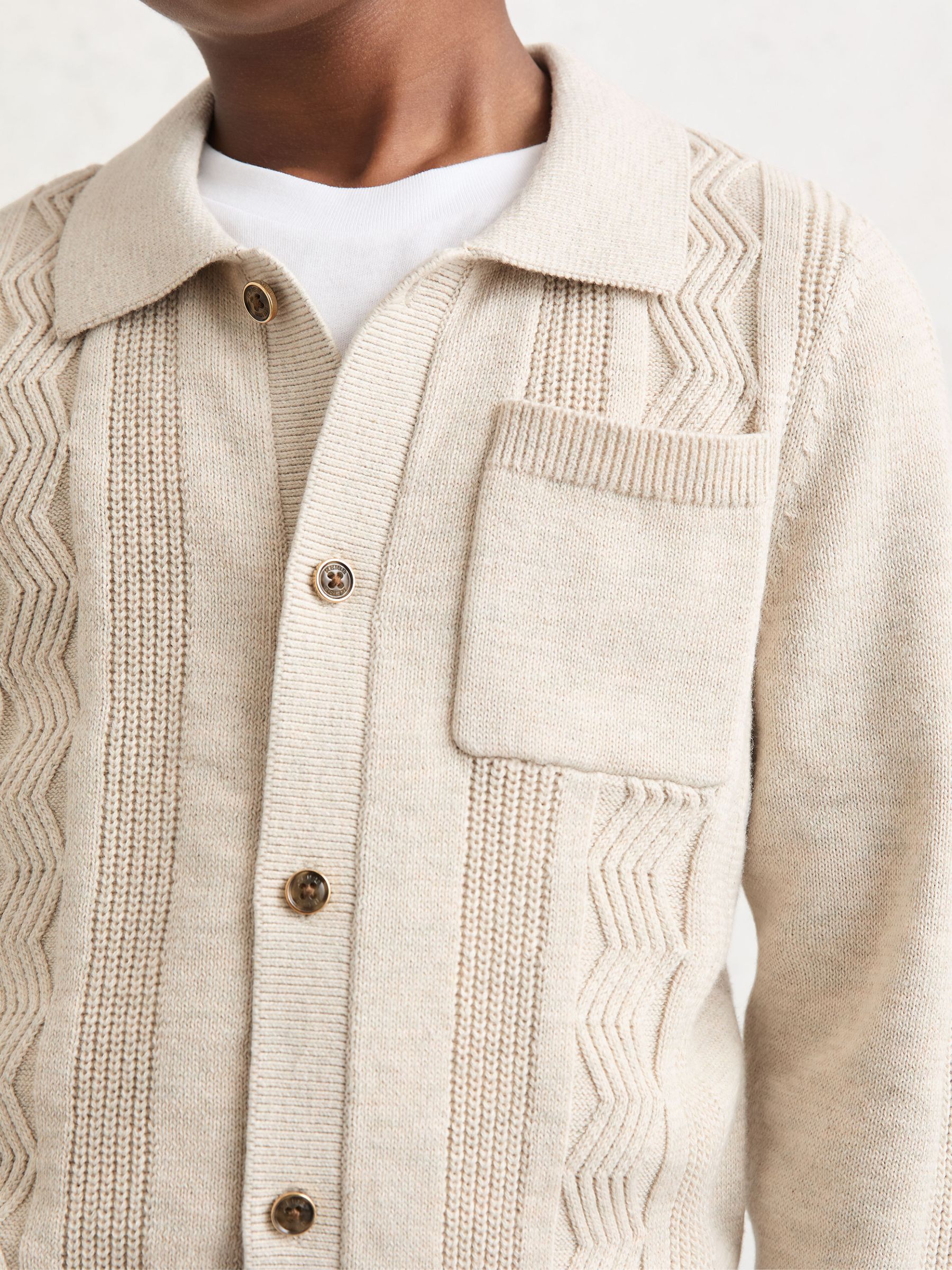 Stitch-Detail Polo-Collar Cardigan Cotton-Blend in Oatmeal - Image 4 of 5