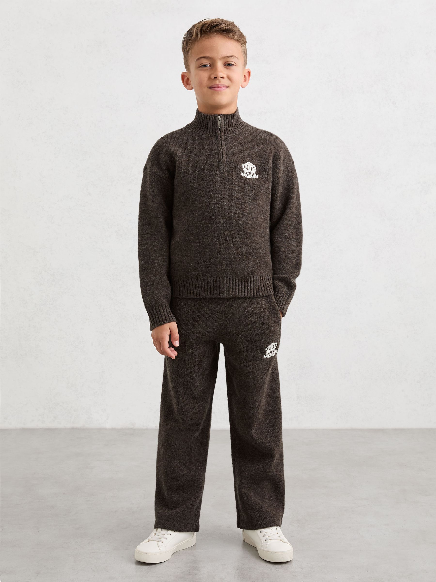 9-13 yrs Monogram Relaxed Half-Zip Jumper Wool-Blend Unisex Fit in Chocolate Brown - Image 1 of 6