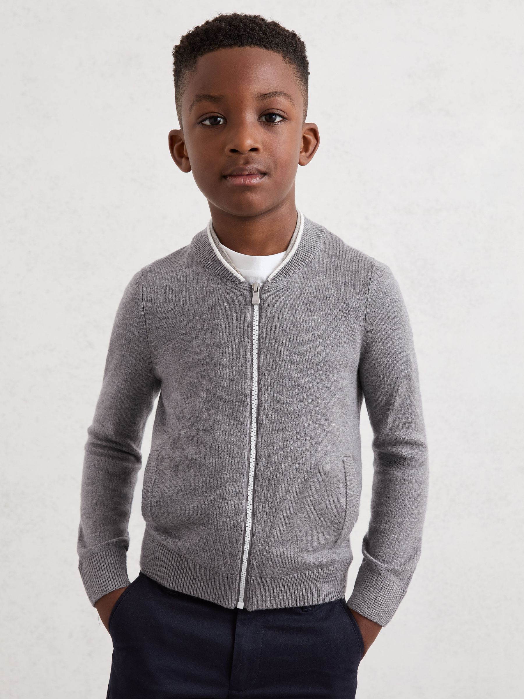 13-14 yrs Zip-Through Bomber Cardigan with Wool in Grey/White - Image 3 of 4