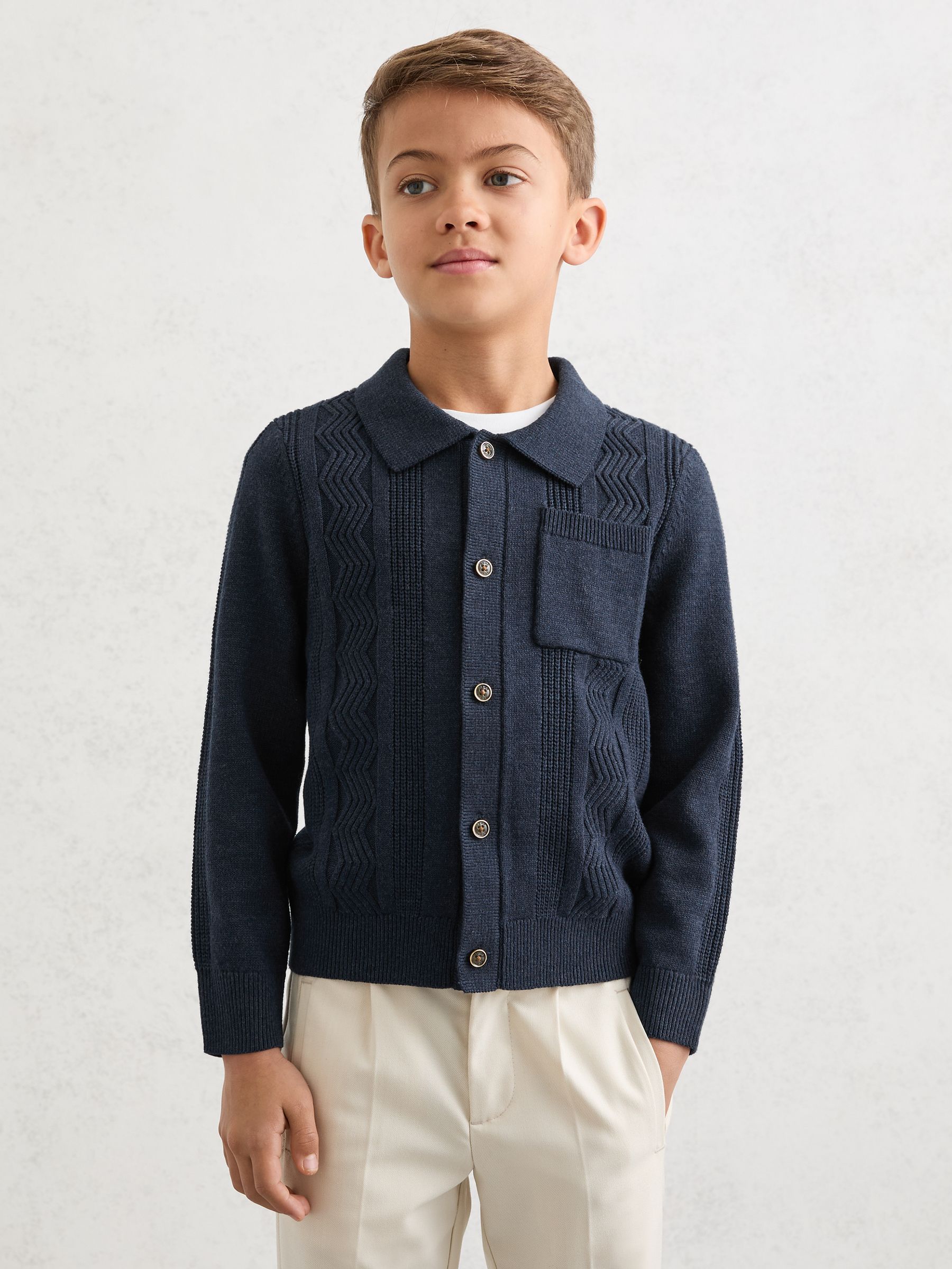 Stitch-Detail Polo-Collar Cardigan Cotton-Blend in Navy - صورة 2 من 4