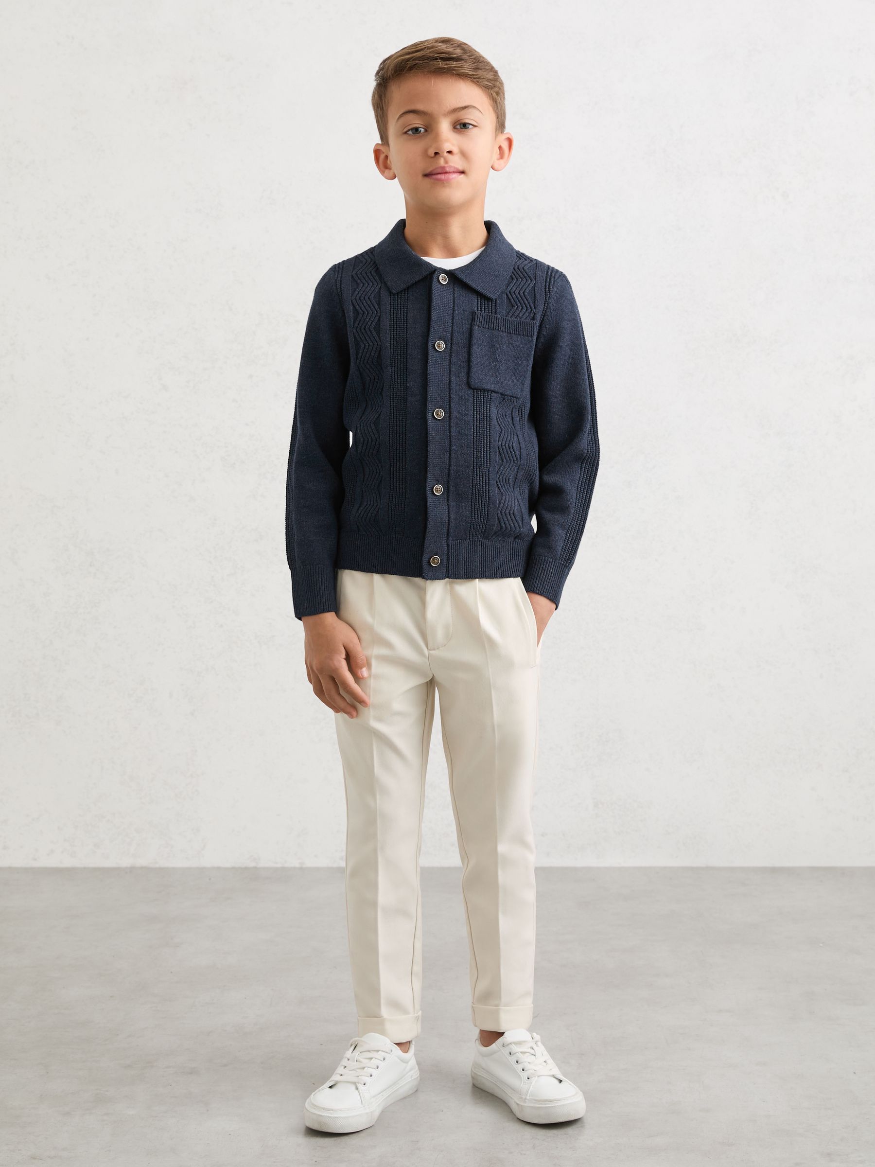 Stitch-Detail Polo-Collar Cardigan Cotton-Blend in Navy - صورة 3 من 4