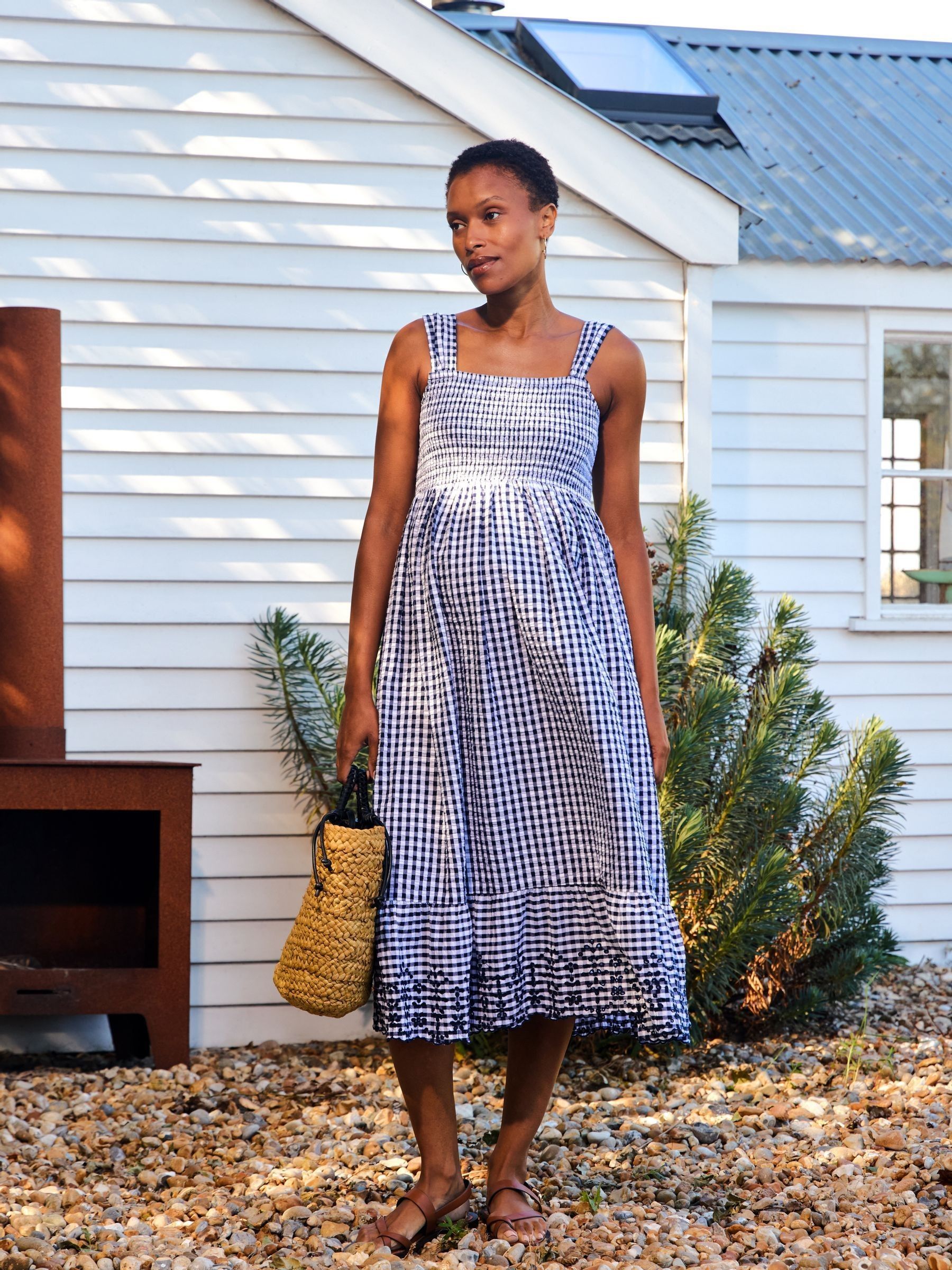Navy Blue Shirring Gingham Maternity Midi Dress - Image 1 of 7