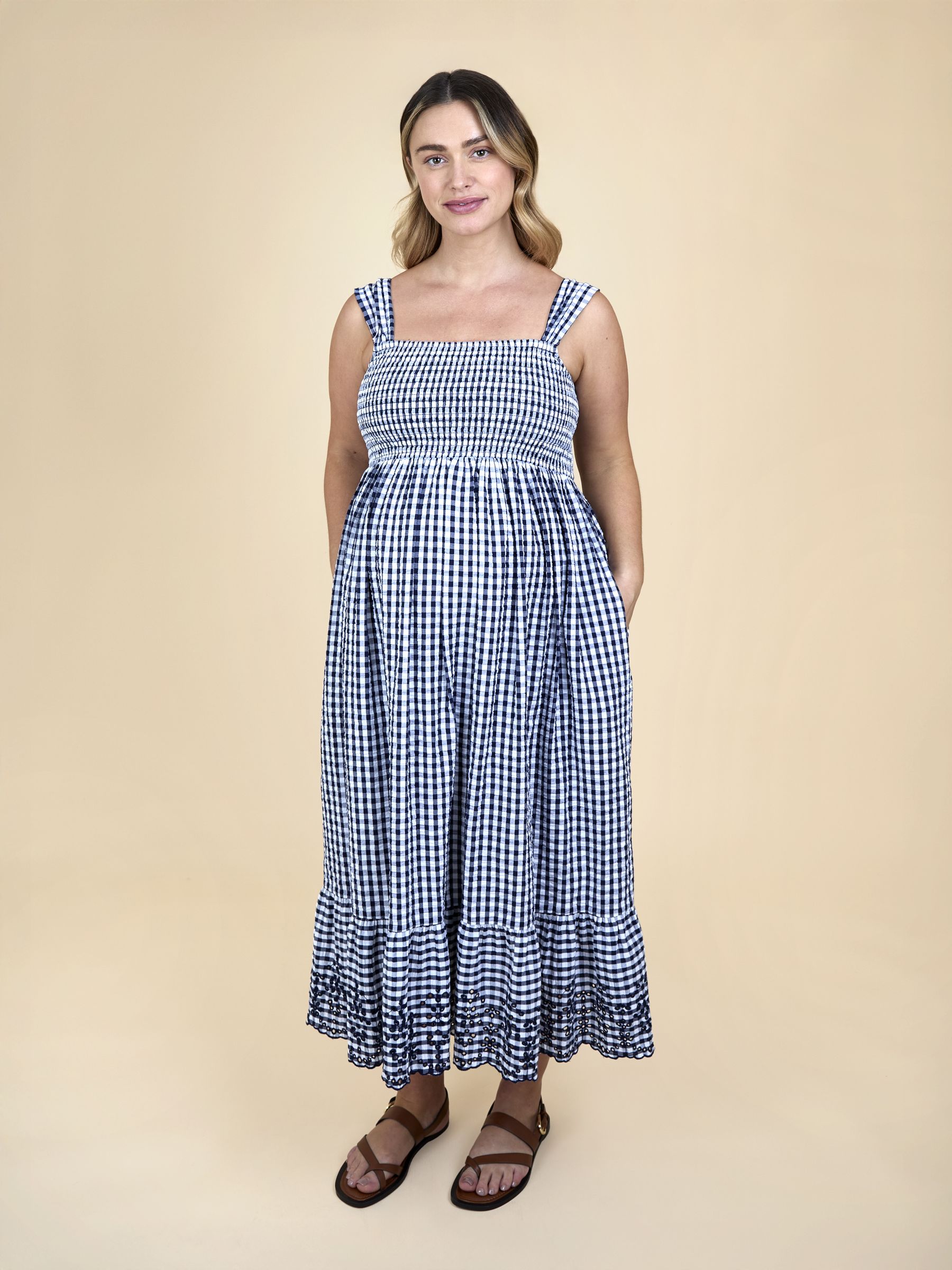 Navy Blue Shirring Gingham Maternity Midi Dress - Image 2 of 7