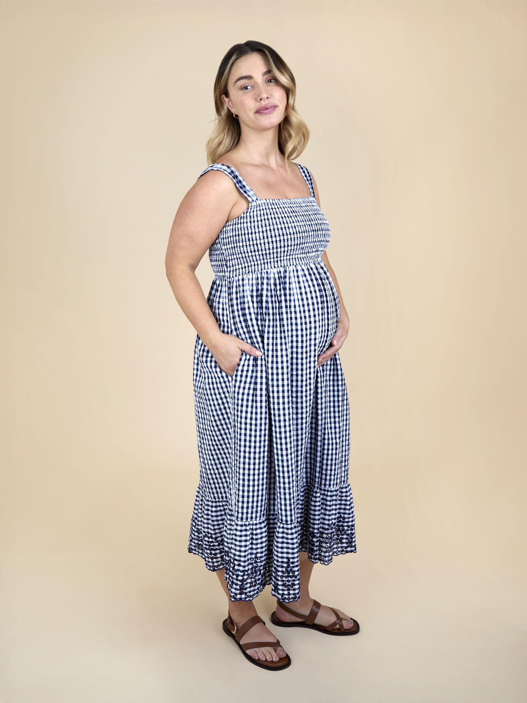Navy Blue Shirring Gingham Maternity Midi Dress - Image 3 of 7
