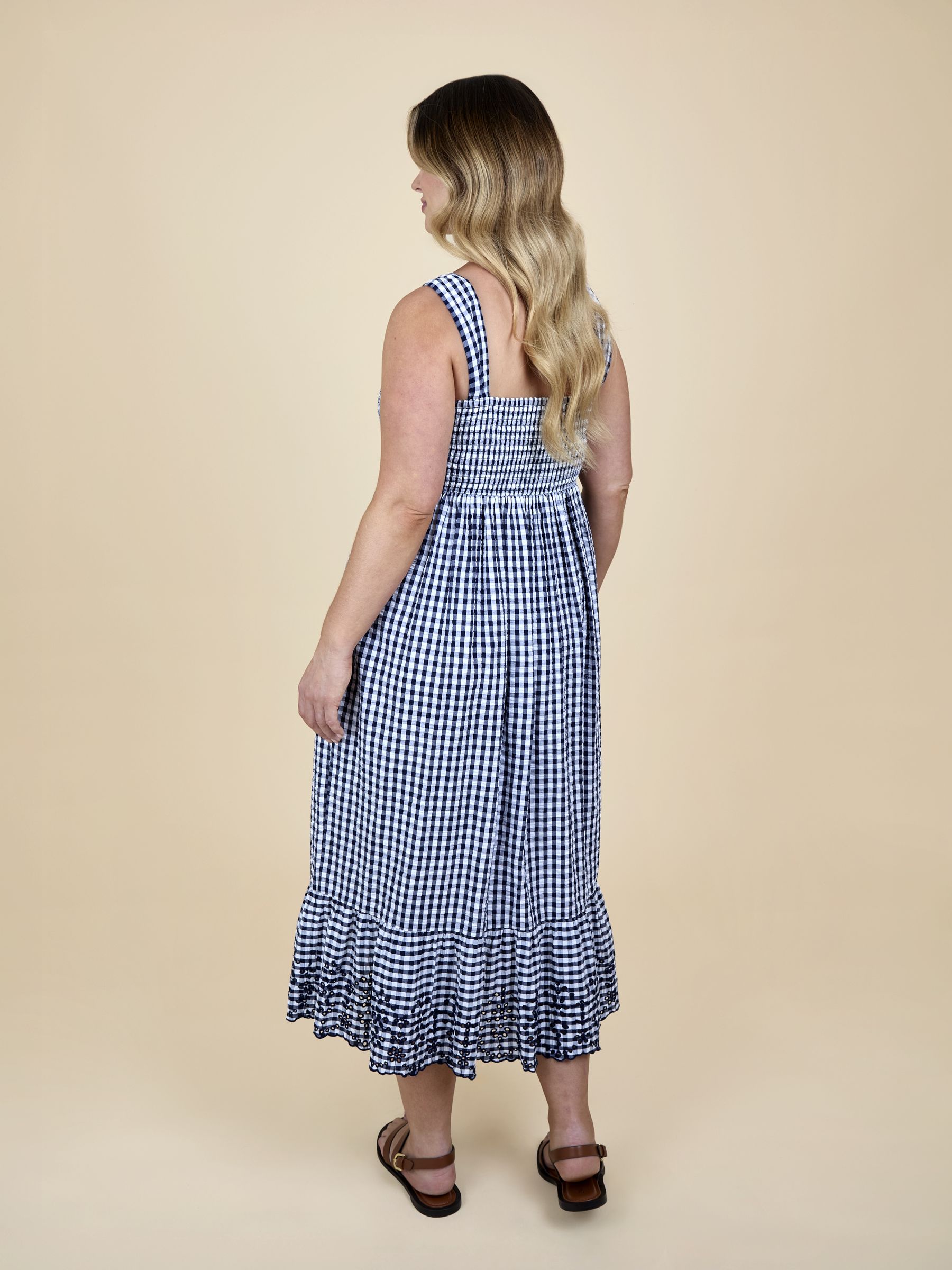 Navy Blue Shirring Gingham Maternity Midi Dress - Image 4 of 7