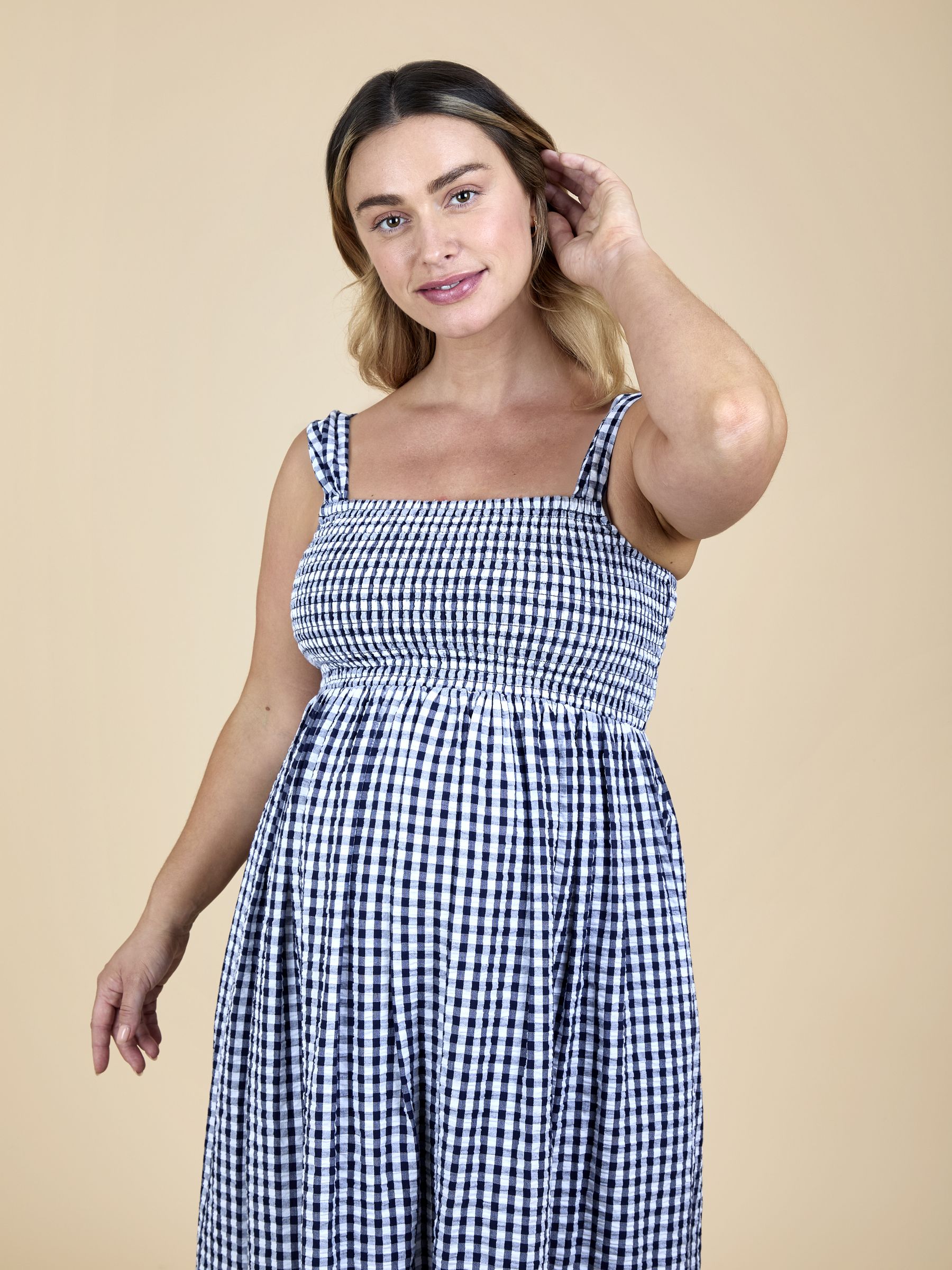 Navy Blue Shirring Gingham Maternity Midi Dress - Image 5 of 7