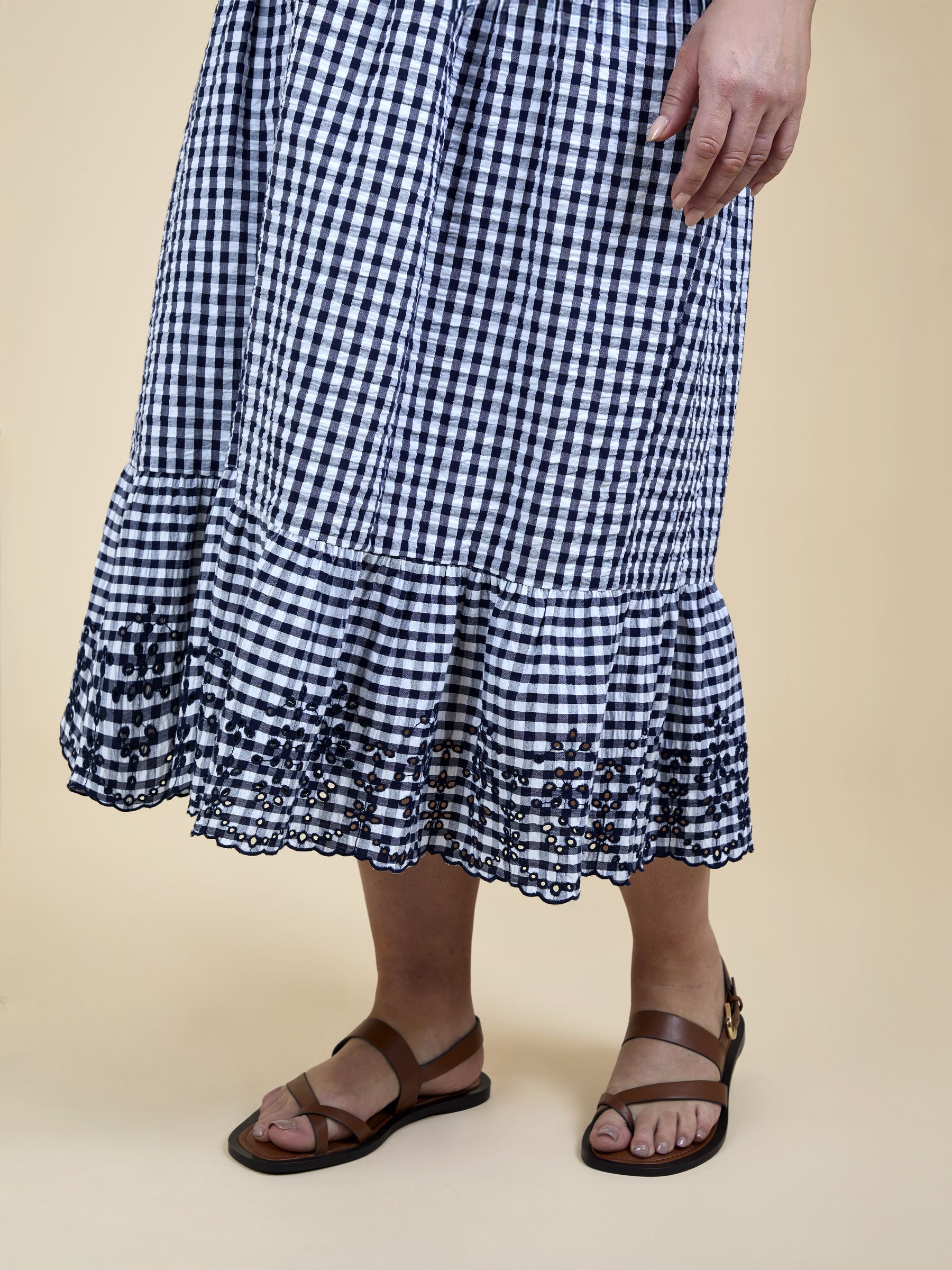 Navy Blue Shirring Gingham Maternity Midi Dress - Image 6 of 7