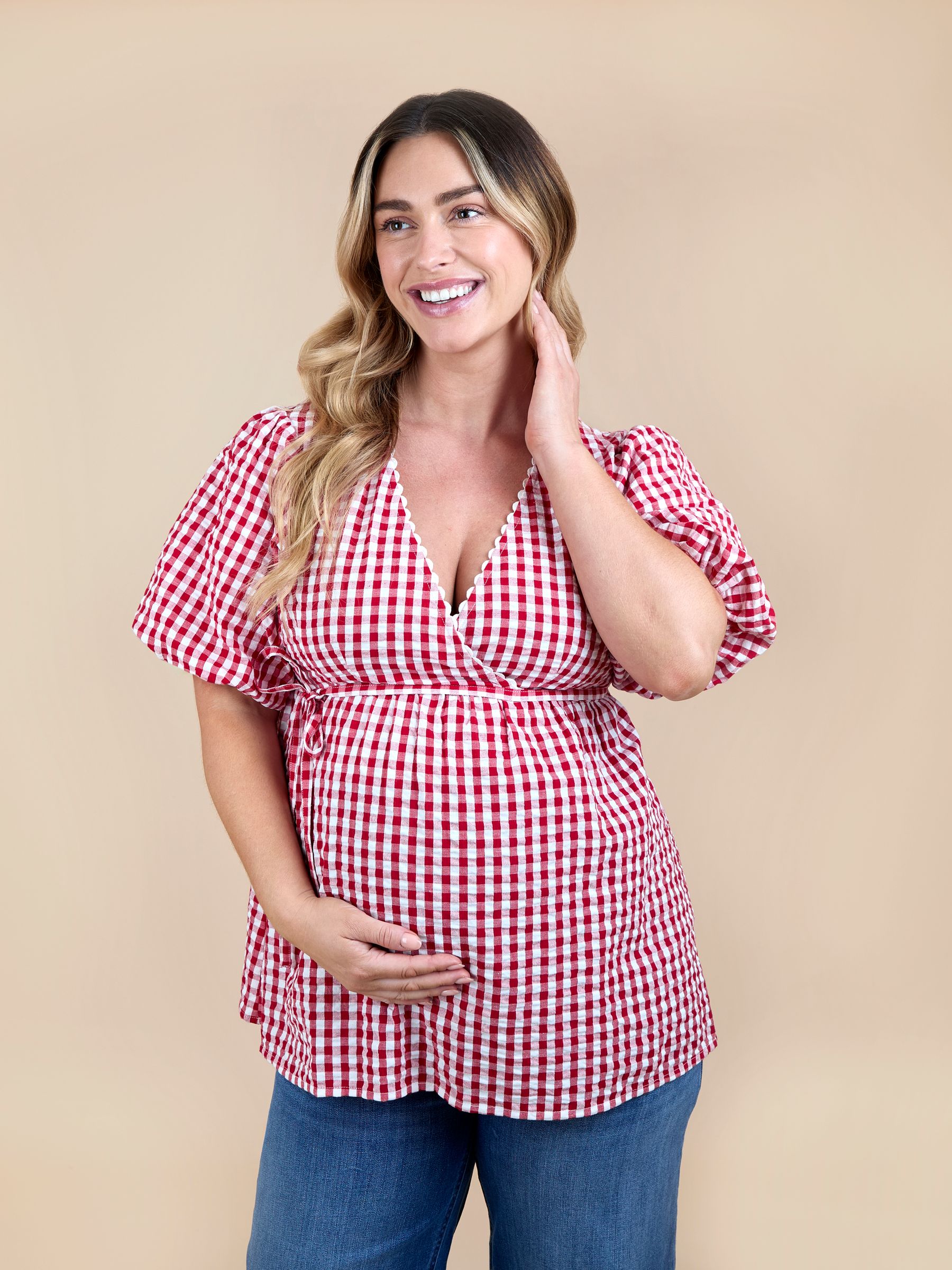 Red Gingham Puff Sleeve Wrap Maternity Top - Image 1 of 5