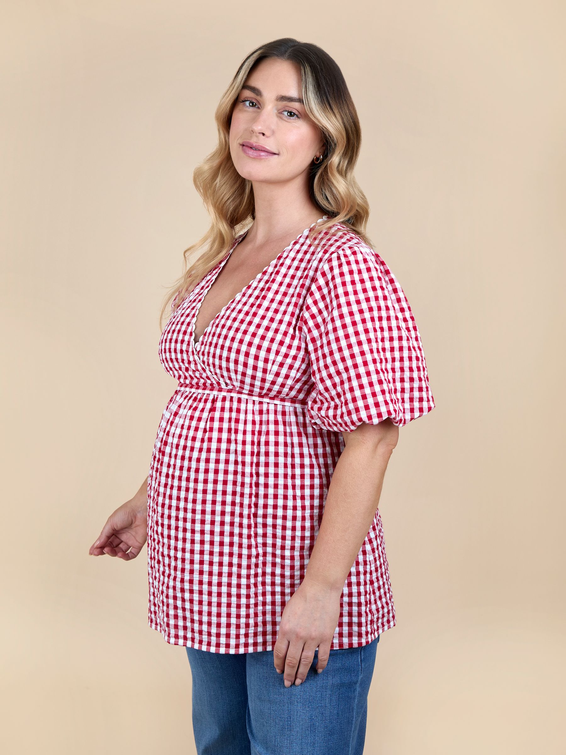 Red Gingham Puff Sleeve Wrap Maternity Top - Image 2 of 5
