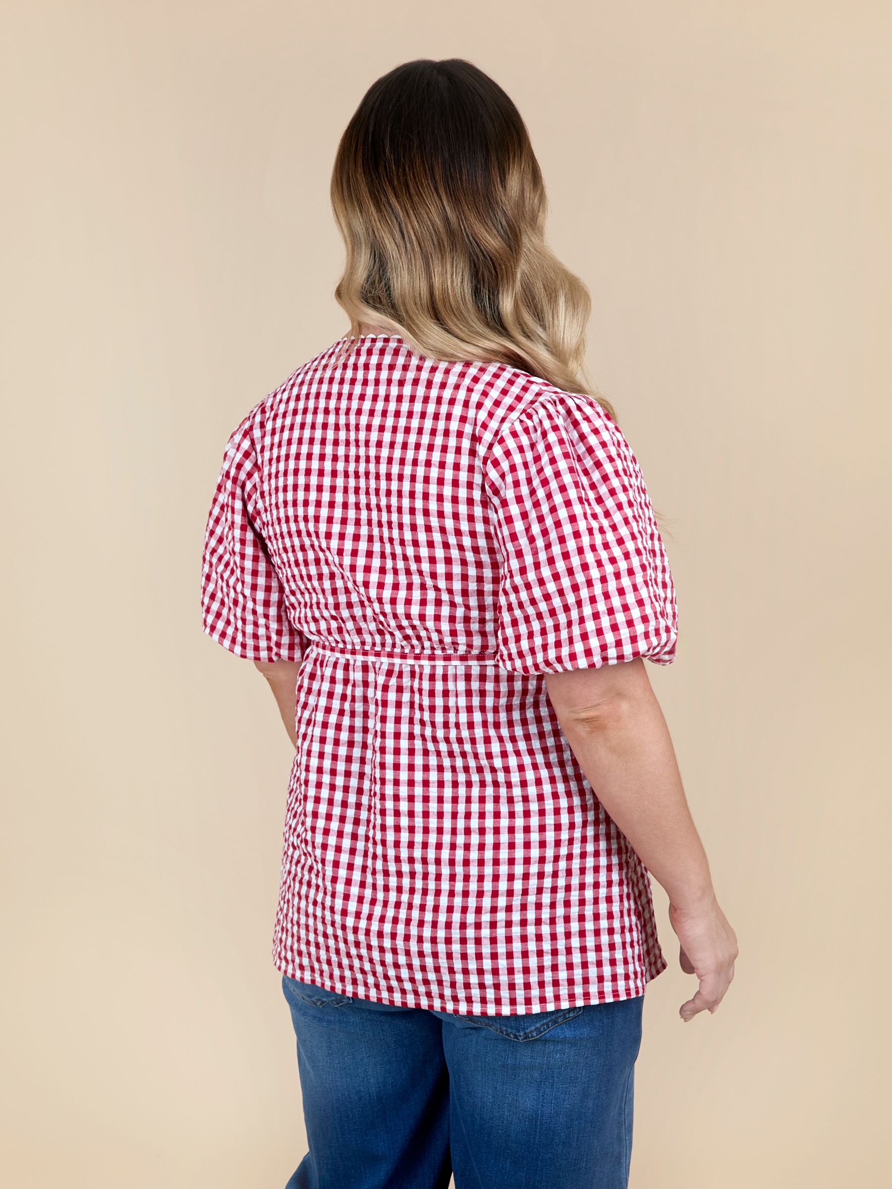 Red Gingham Puff Sleeve Wrap Maternity Top - Image 3 of 5