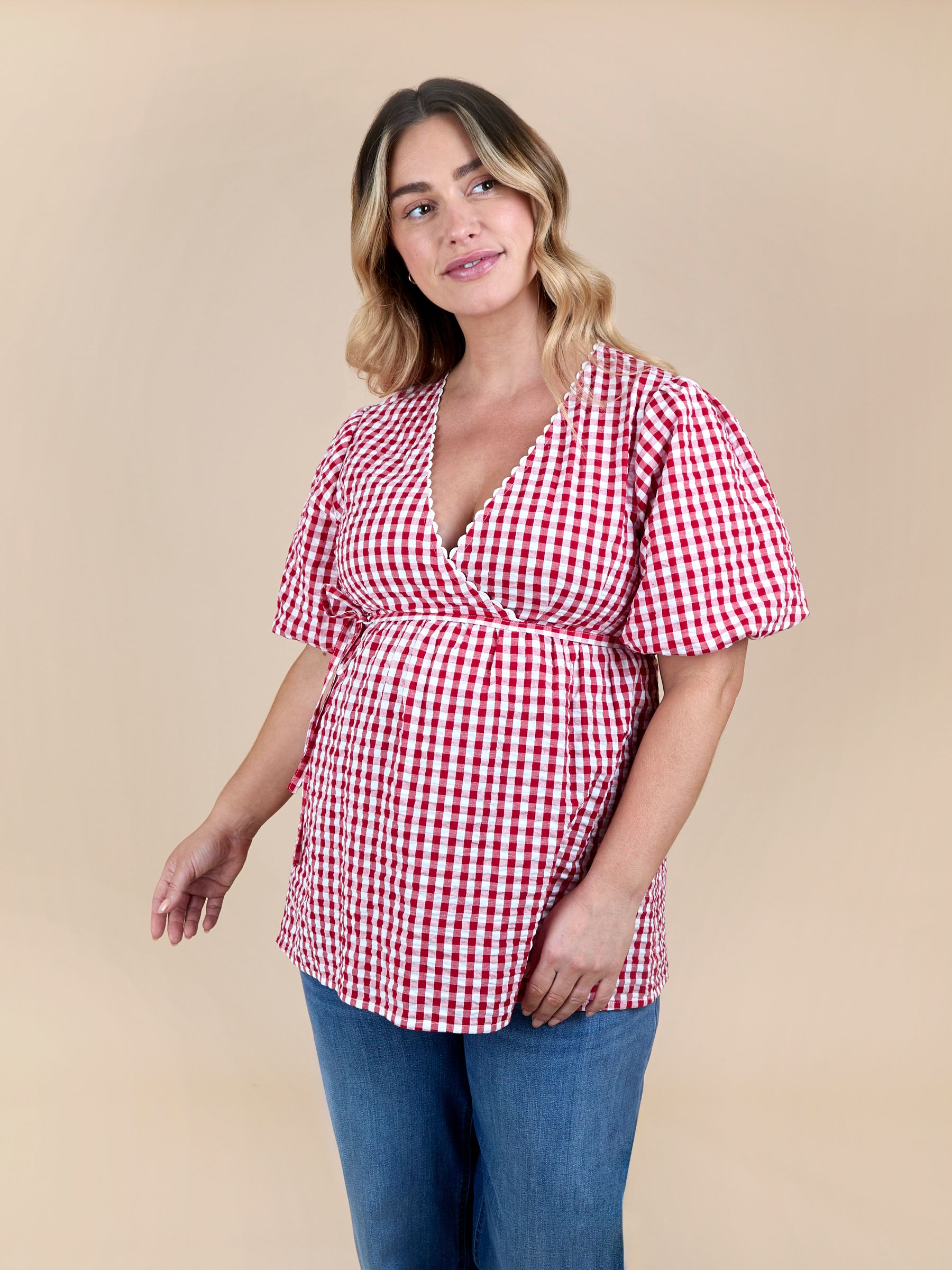 Red Gingham Puff Sleeve Wrap Maternity Top - Image 4 of 5