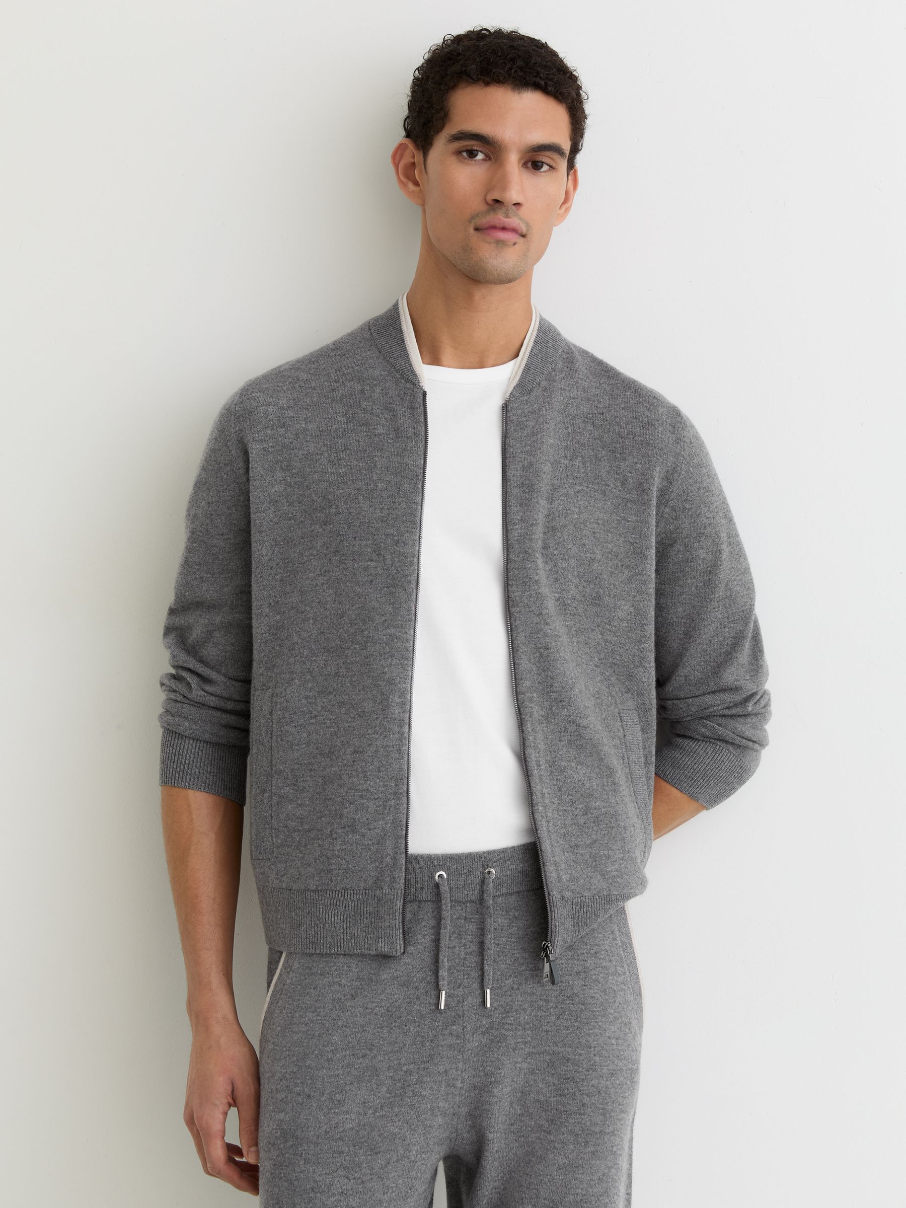 Merino-Wool Zipped Bomber Cardigan in Mid Grey - Image 1 of 6