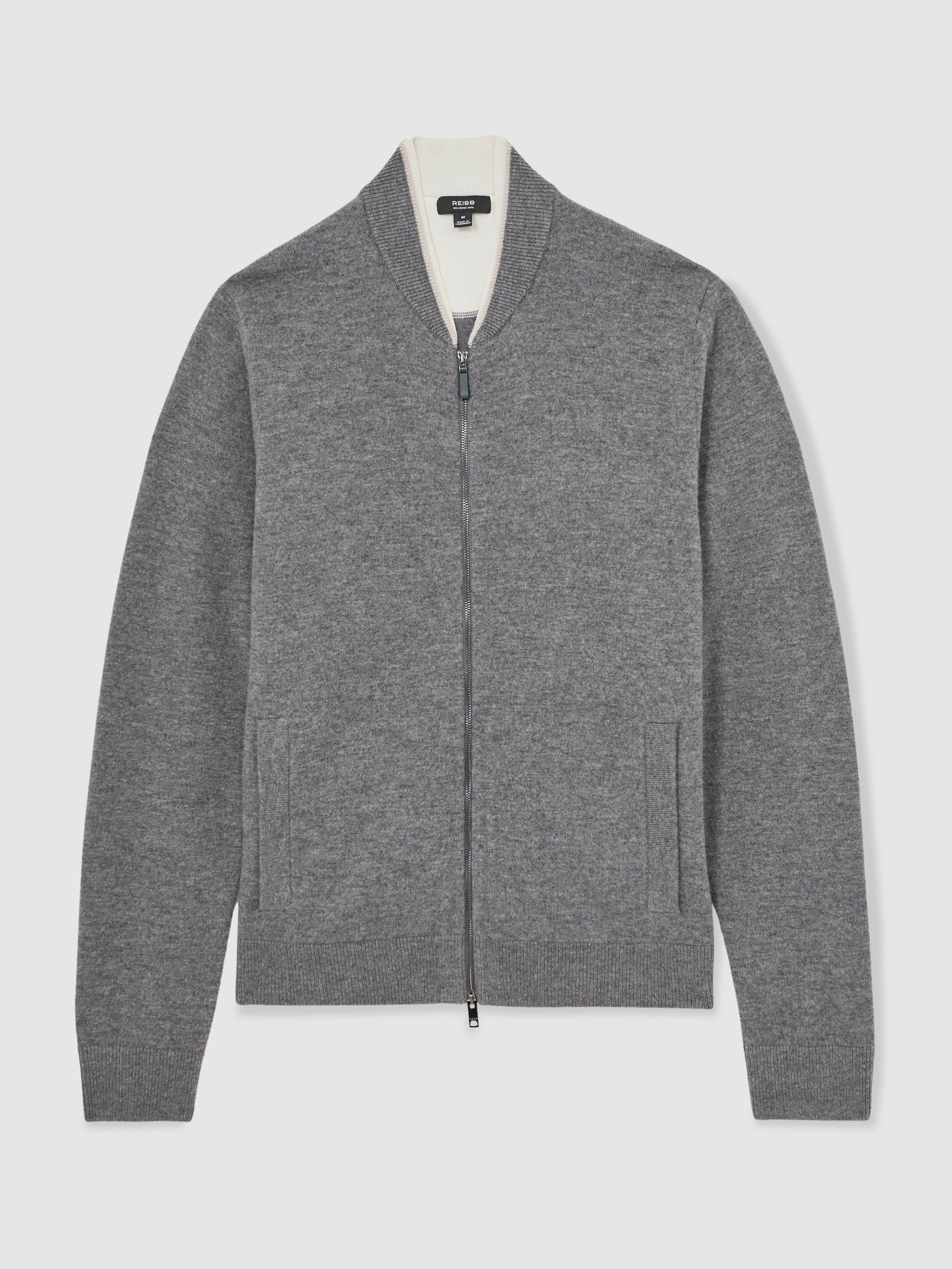 Merino-Wool Zipped Bomber Cardigan in Mid Grey - Image 2 of 6 Merino-Wool Zipped Bomber Cardigan in Mid Grey - Image 2 of 6