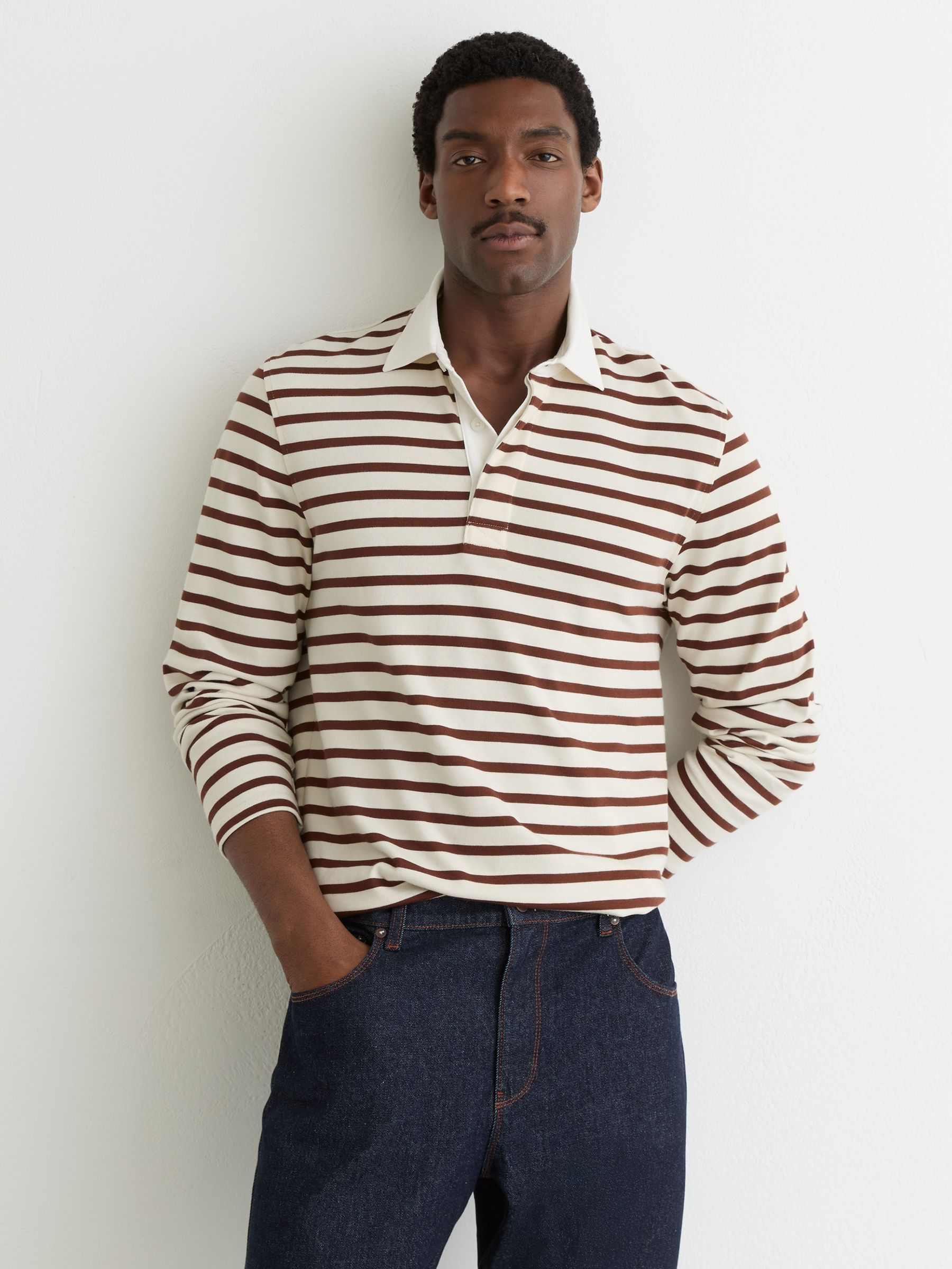 Cotton Rugby-Stripe Polo Shirt in White/Camel - Image 1 of 7