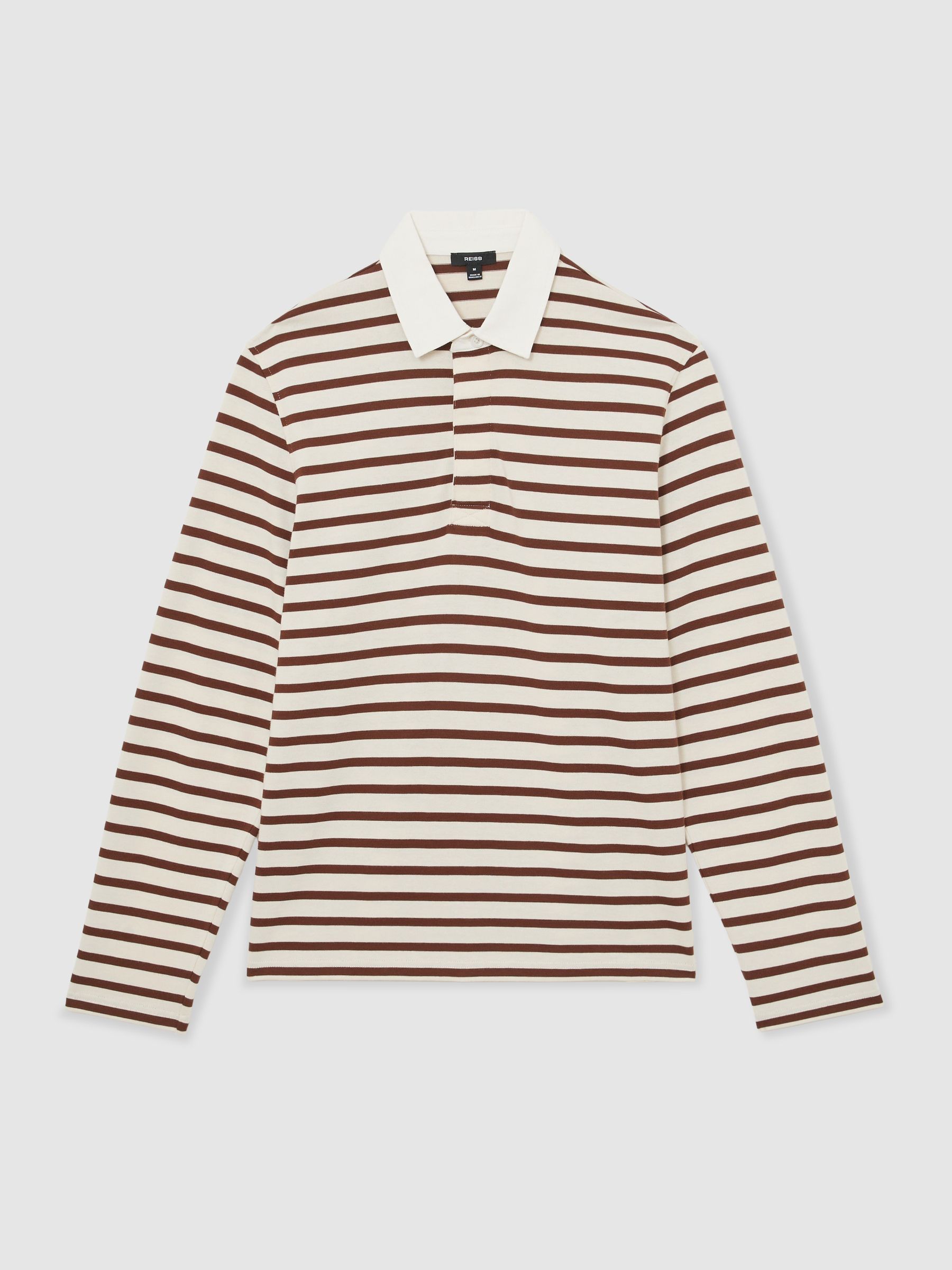 Cotton Rugby-Stripe Polo Shirt in White/Camel - image 1