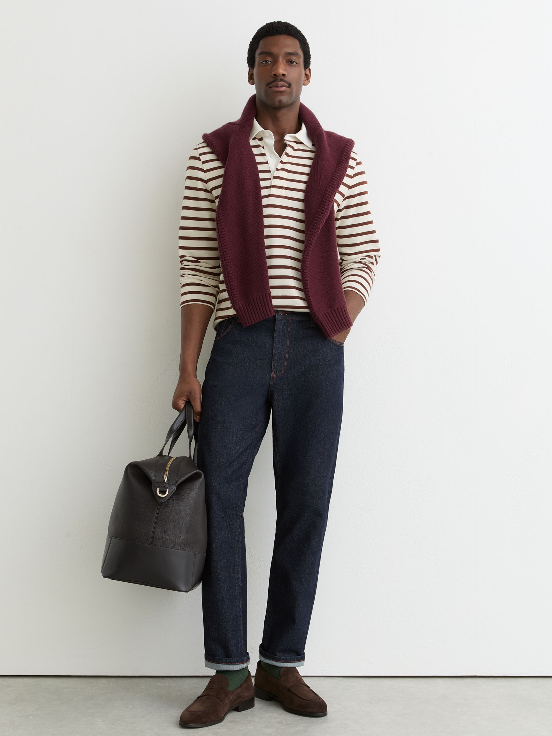 Cotton Rugby-Stripe Polo Shirt in White/Camel - Image 3 of 7