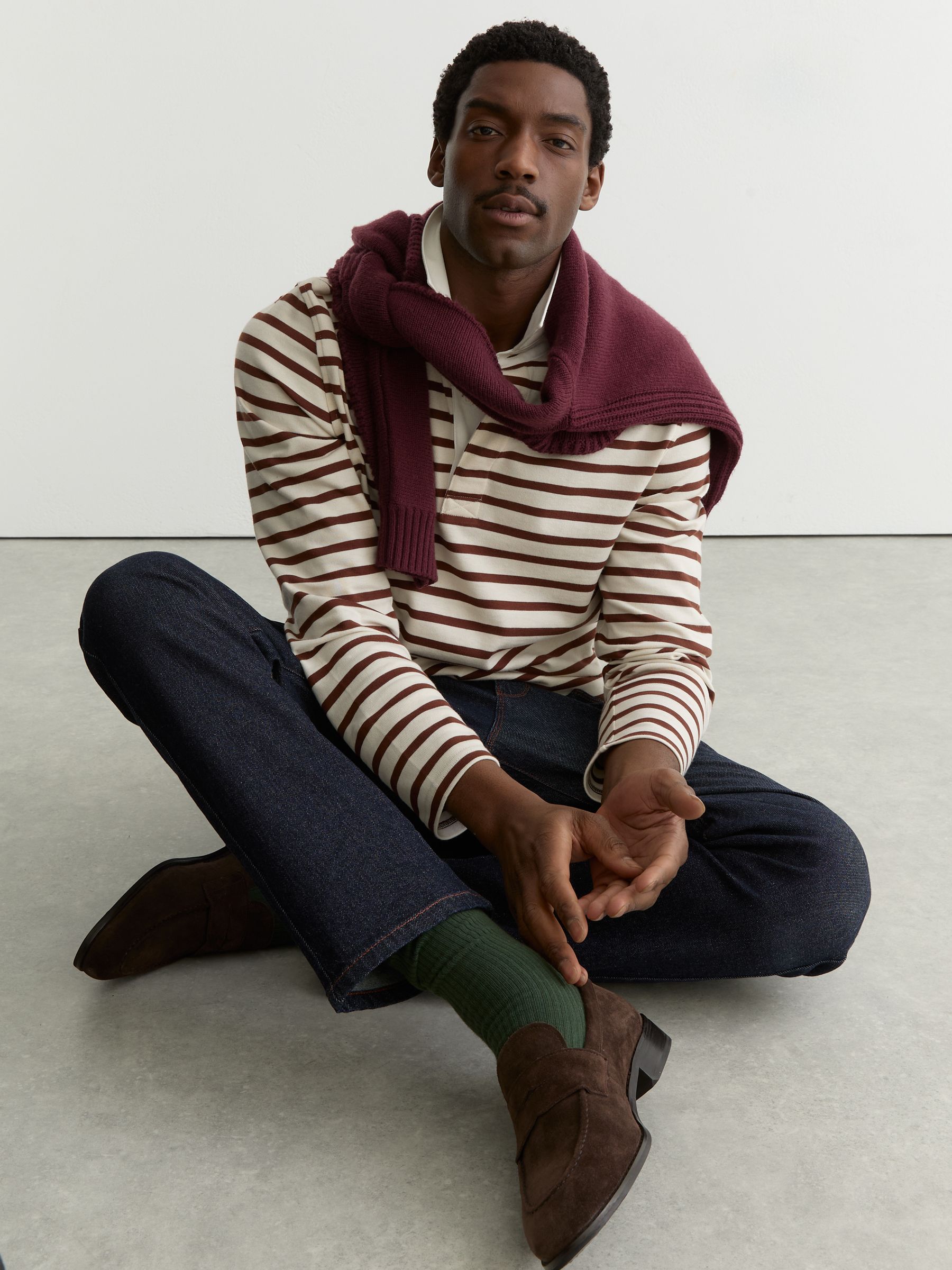 Cotton Rugby-Stripe Polo Shirt in White/Camel - Image 6 of 7