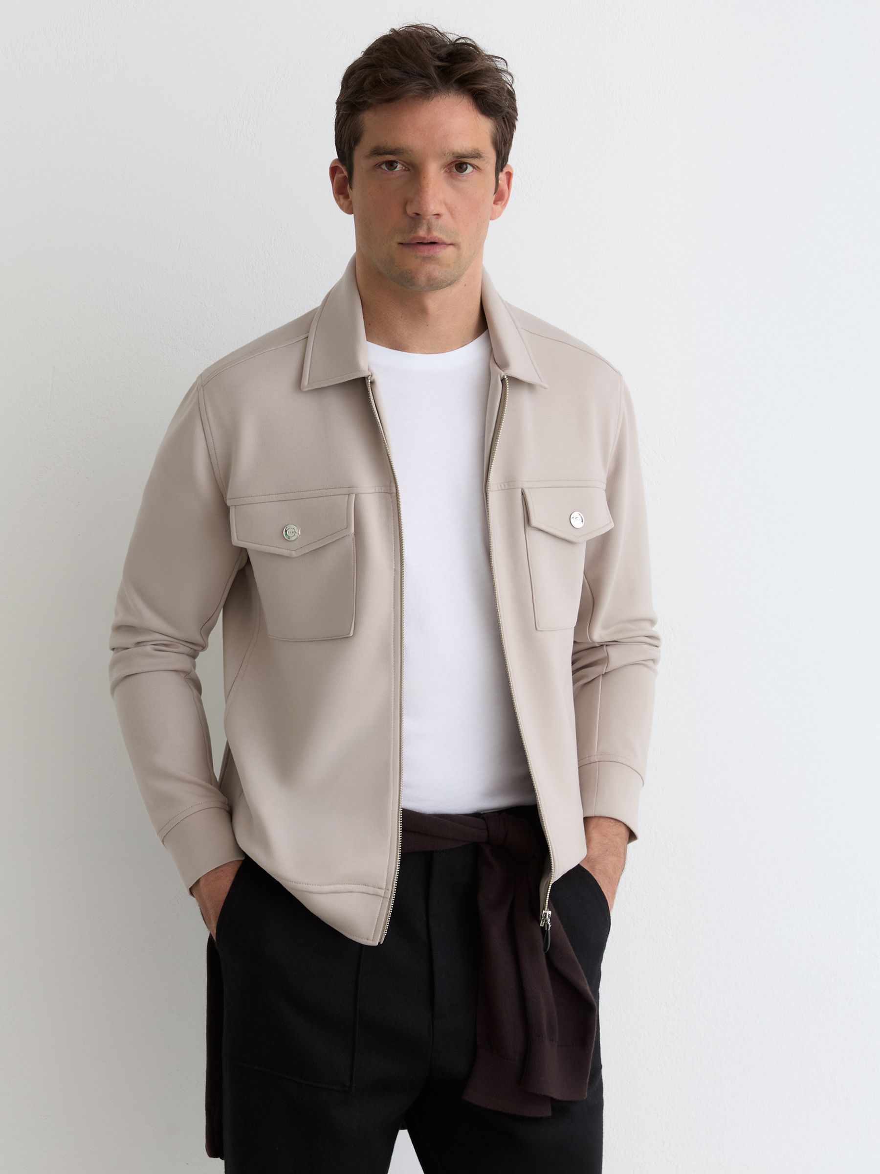 Premium Interlock Zip-Through Overshirt in Stone - image 2