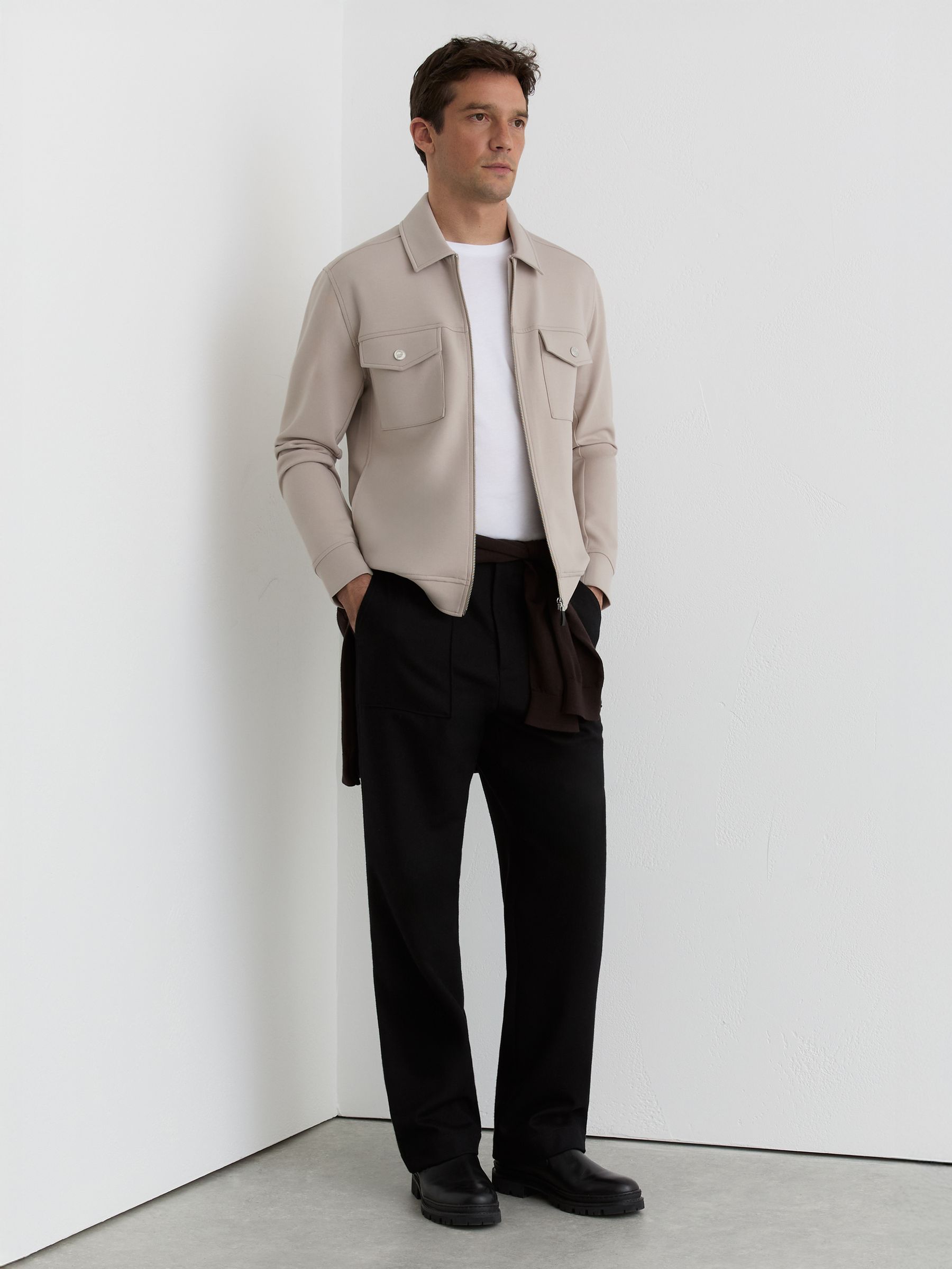 Reiss Premium Interlock Zip-Through Overshirt in Stone | REISS