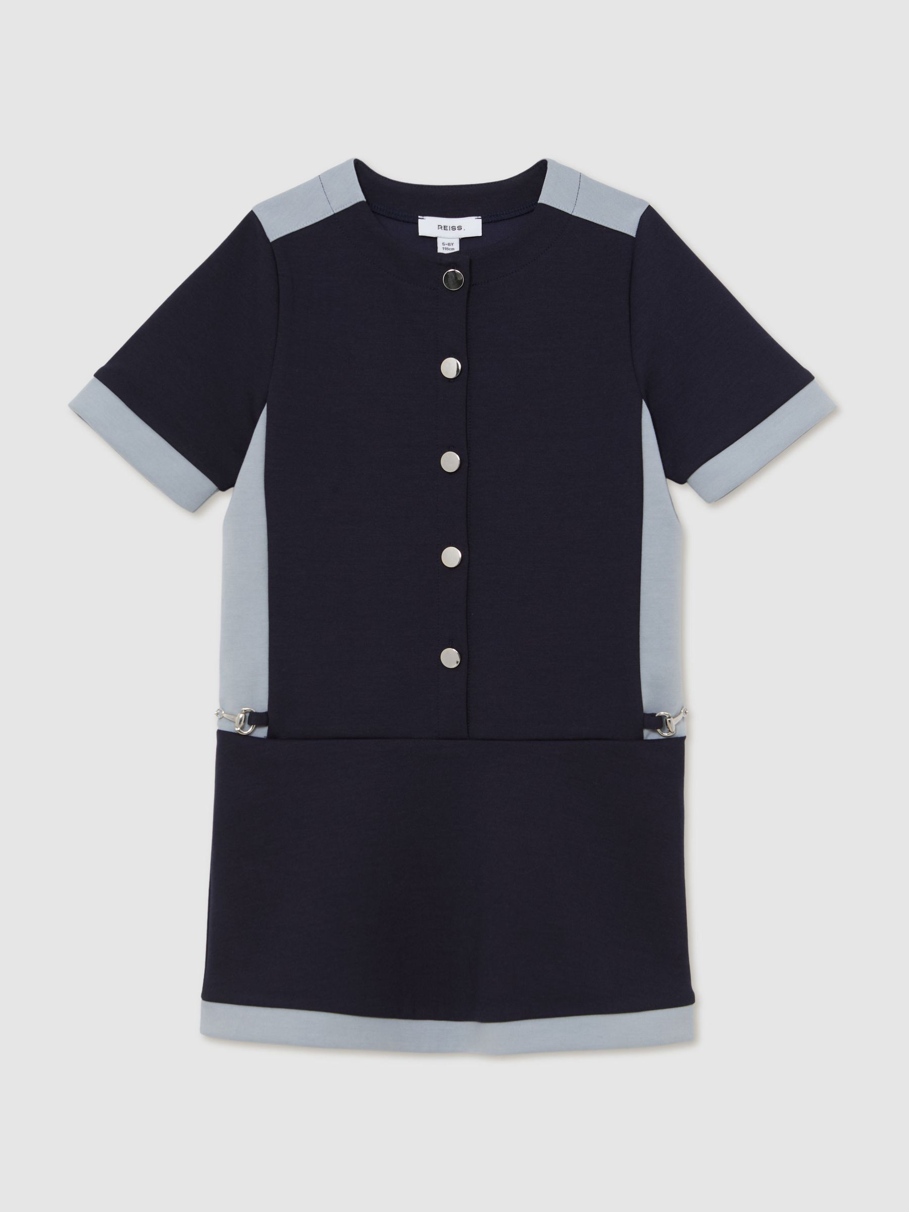 13-14 yrs Premium Interlock Colour-Block Button Dress in Navy - Image 1 of 4