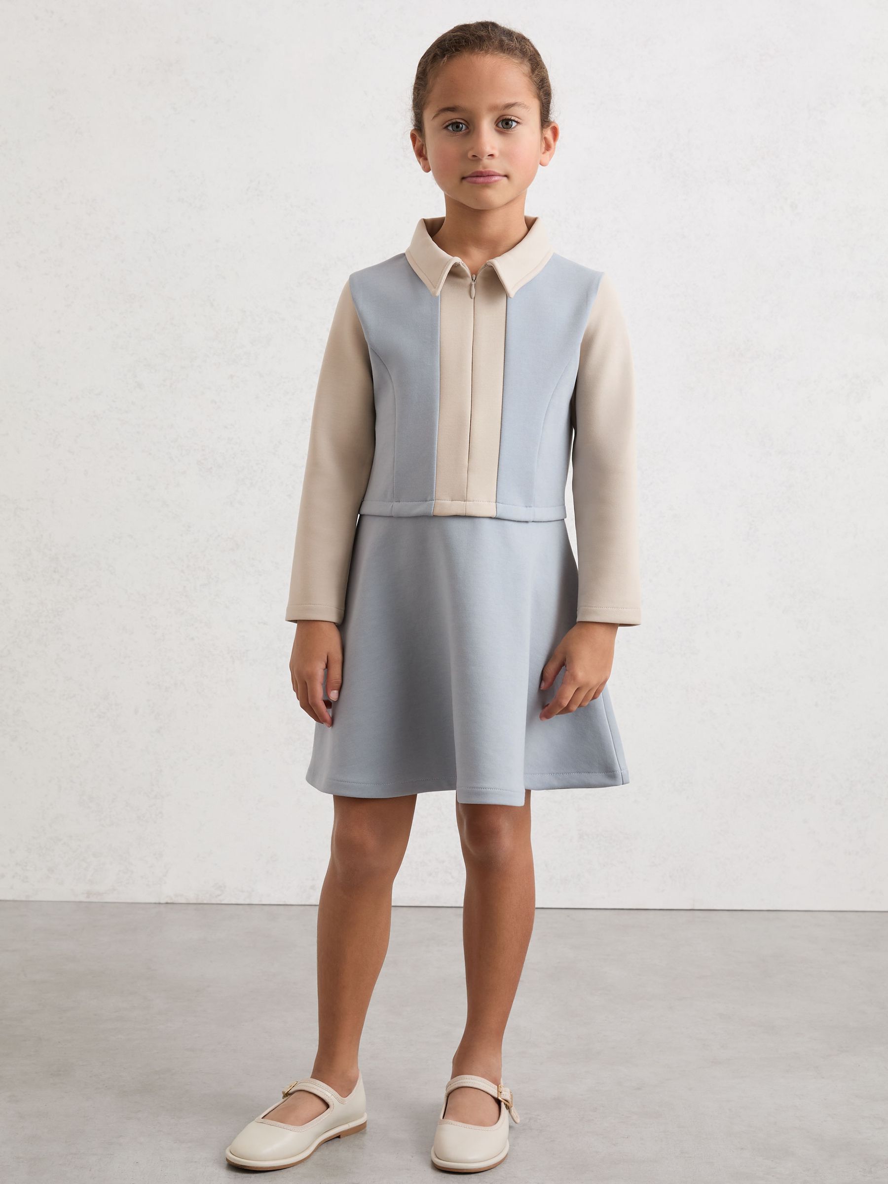 3-9 yrs Premium Interlock Colour-Block Dress in Pale Blue - Image 1 of 4