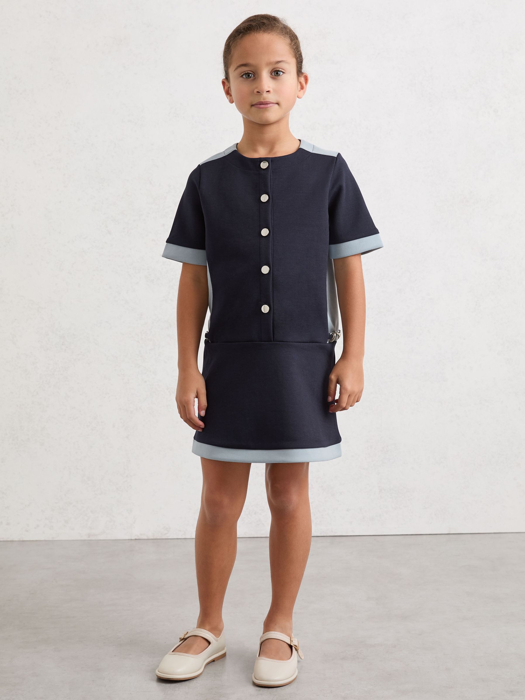 3-9 yrs Premium Interlock Colour-Block Button Dress in Navy - Image 1 of 4