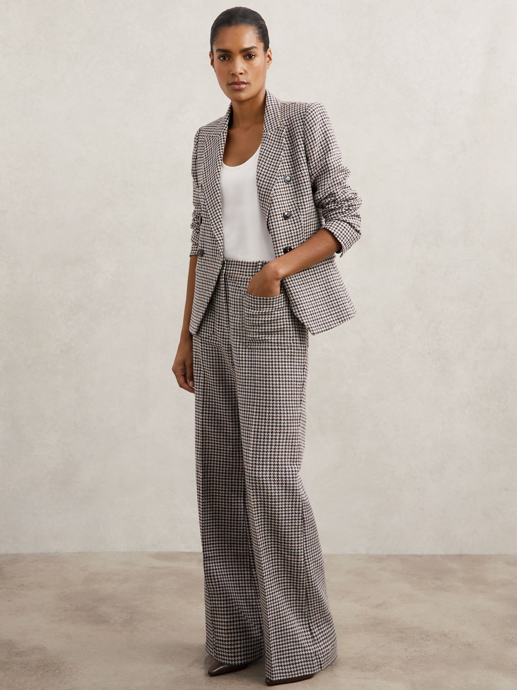 Cotton-Linen Check Flared Trousers in Navy Neutral Check - Image 1 of 7